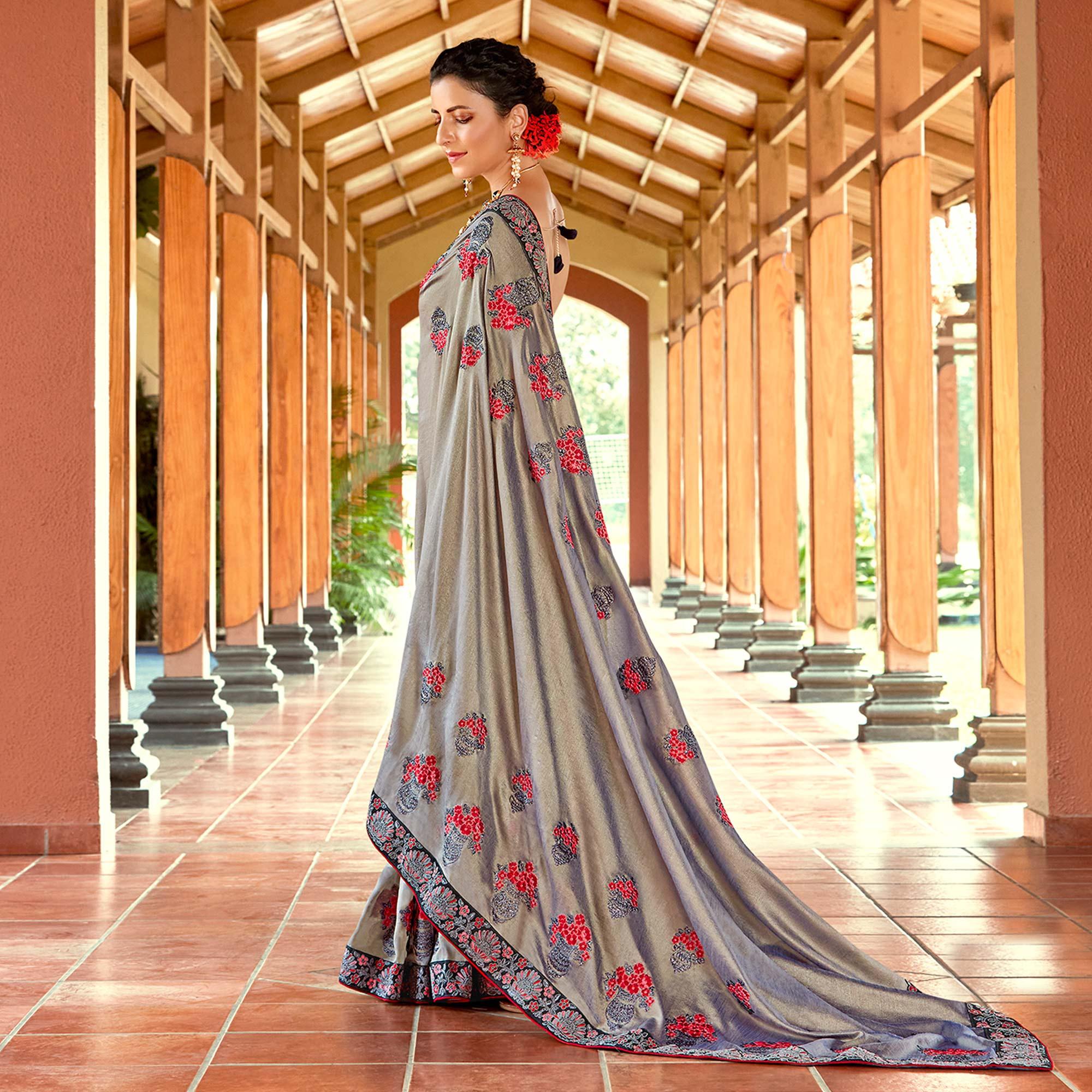 Grey Floral Embroidered Vichitra Silk Saree - Peachmode