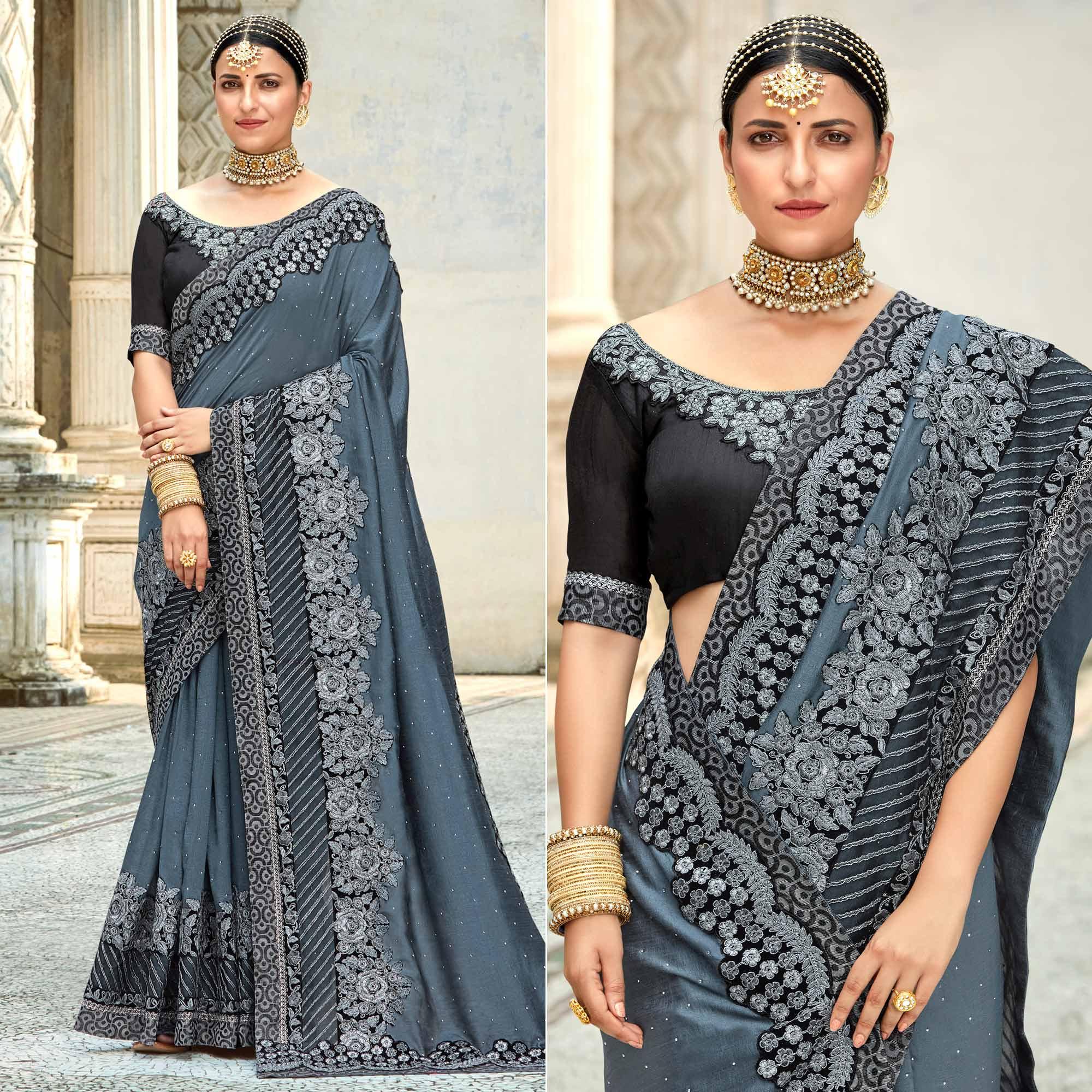 Grey Floral Embroidered Vichitra Silk Saree - Peachmode