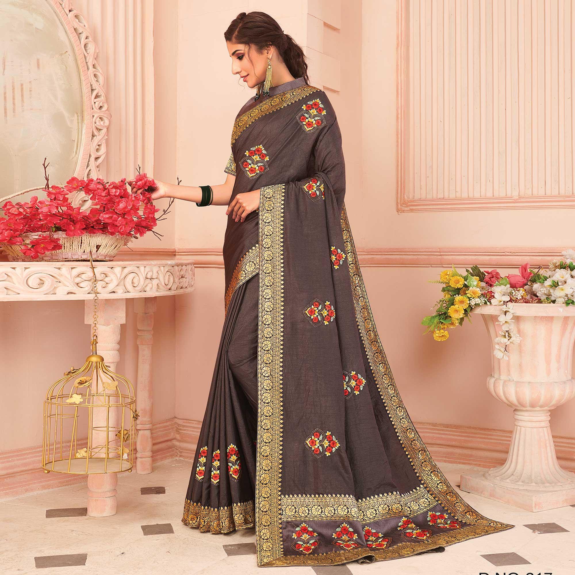 Grey Floral Embroidered Vichitra Silk Saree - Peachmode