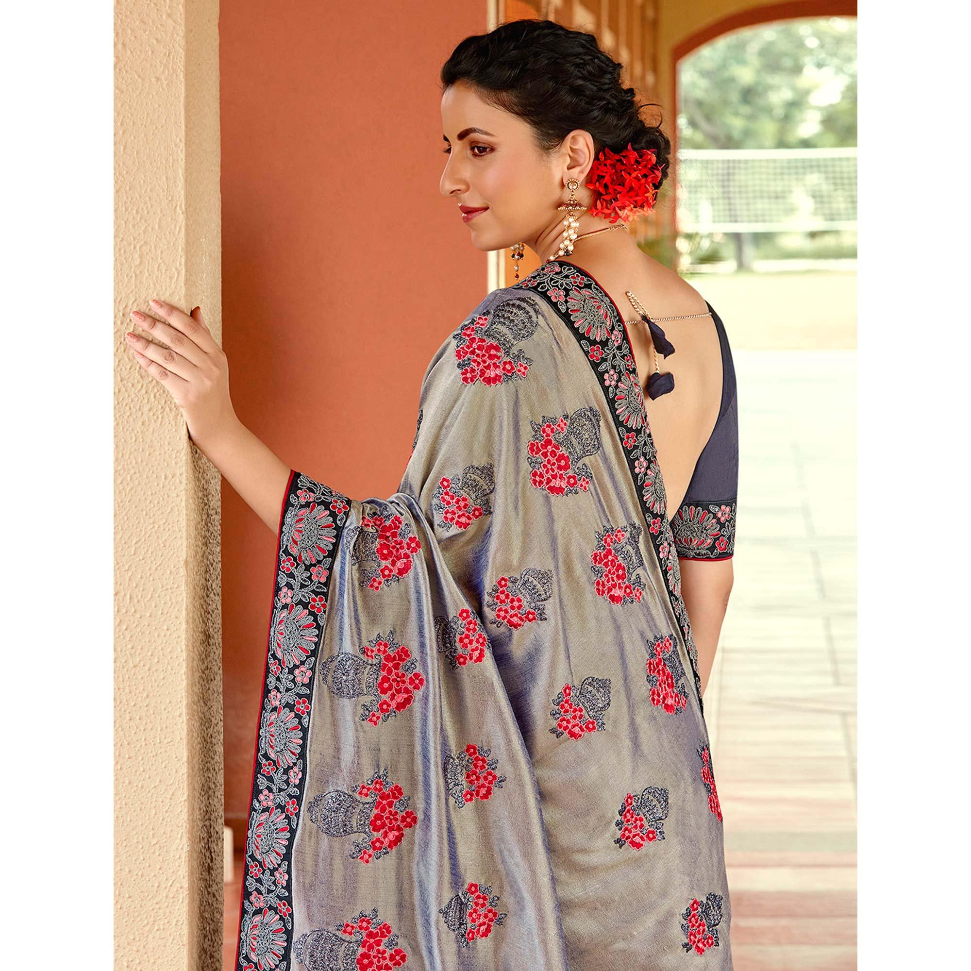 Grey Floral Embroidered Vichitra Silk Saree - Peachmode