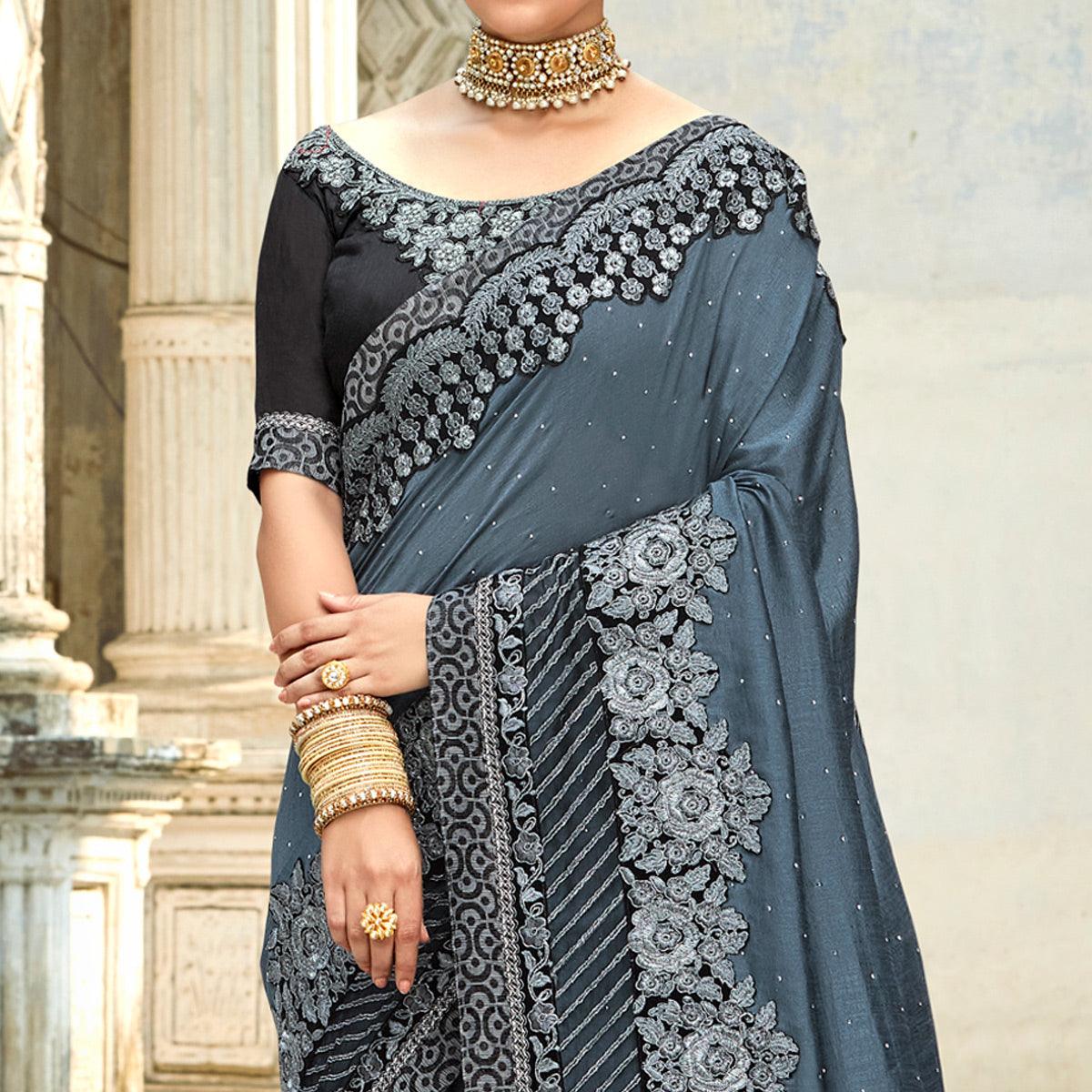 Grey Floral Embroidered Vichitra Silk Saree - Peachmode