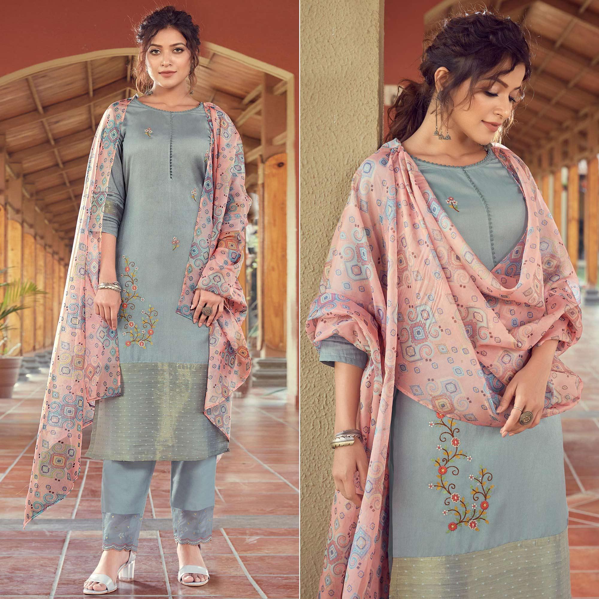 Grey Floral Embroidered Viscose Salwar Suit - Peachmode