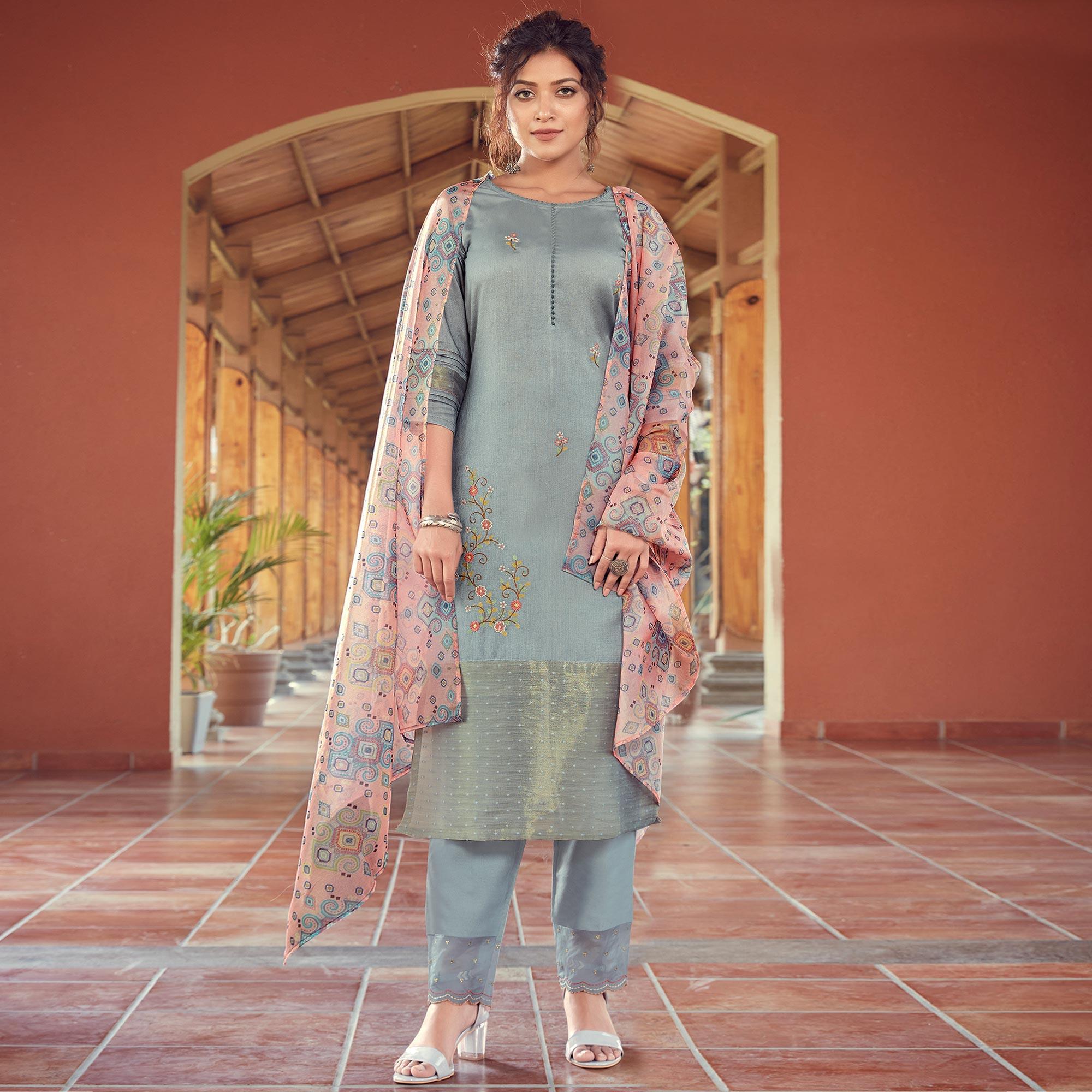 Grey Floral Embroidered Viscose Salwar Suit - Peachmode