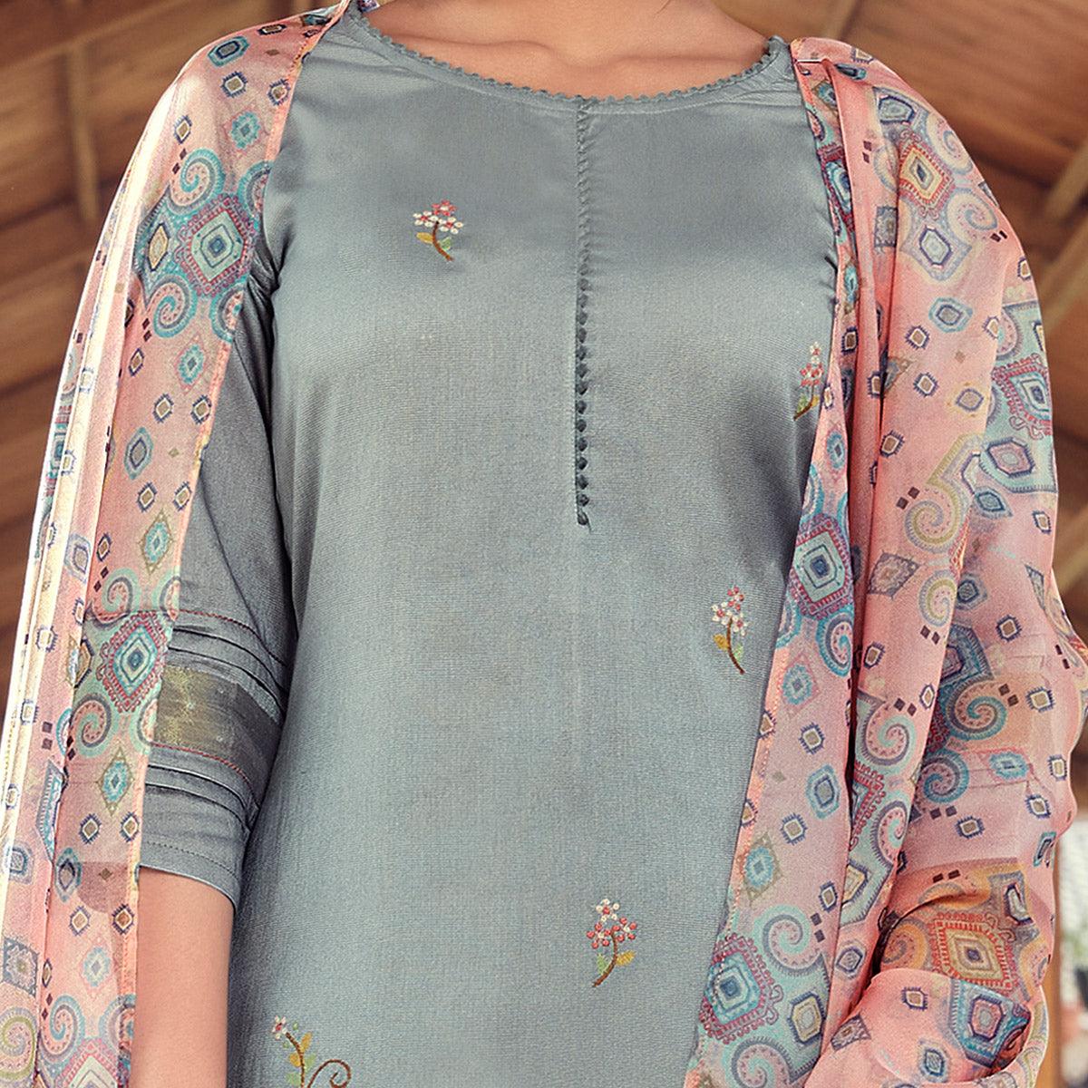 Grey Floral Embroidered Viscose Salwar Suit - Peachmode