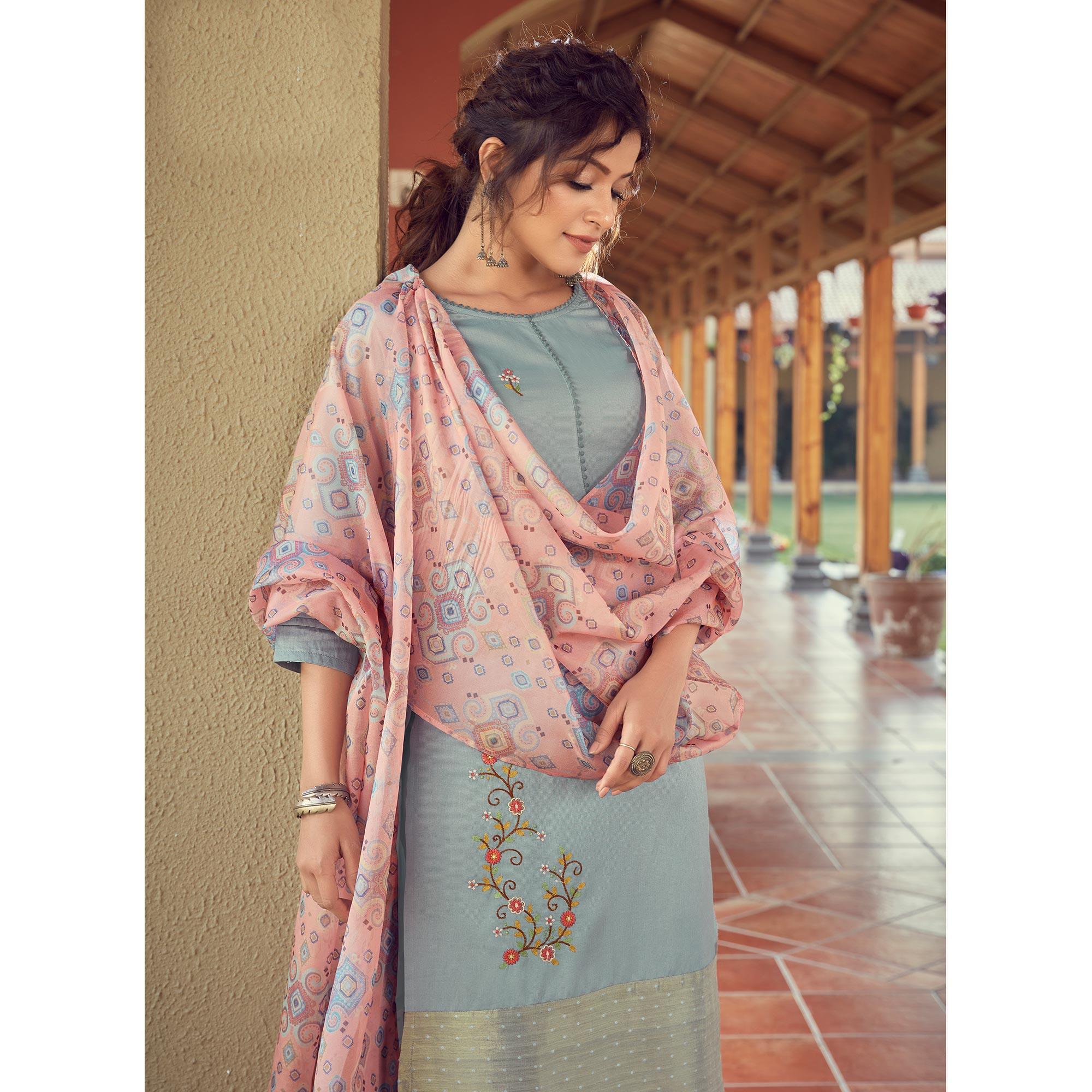 Grey Floral Embroidered Viscose Salwar Suit - Peachmode
