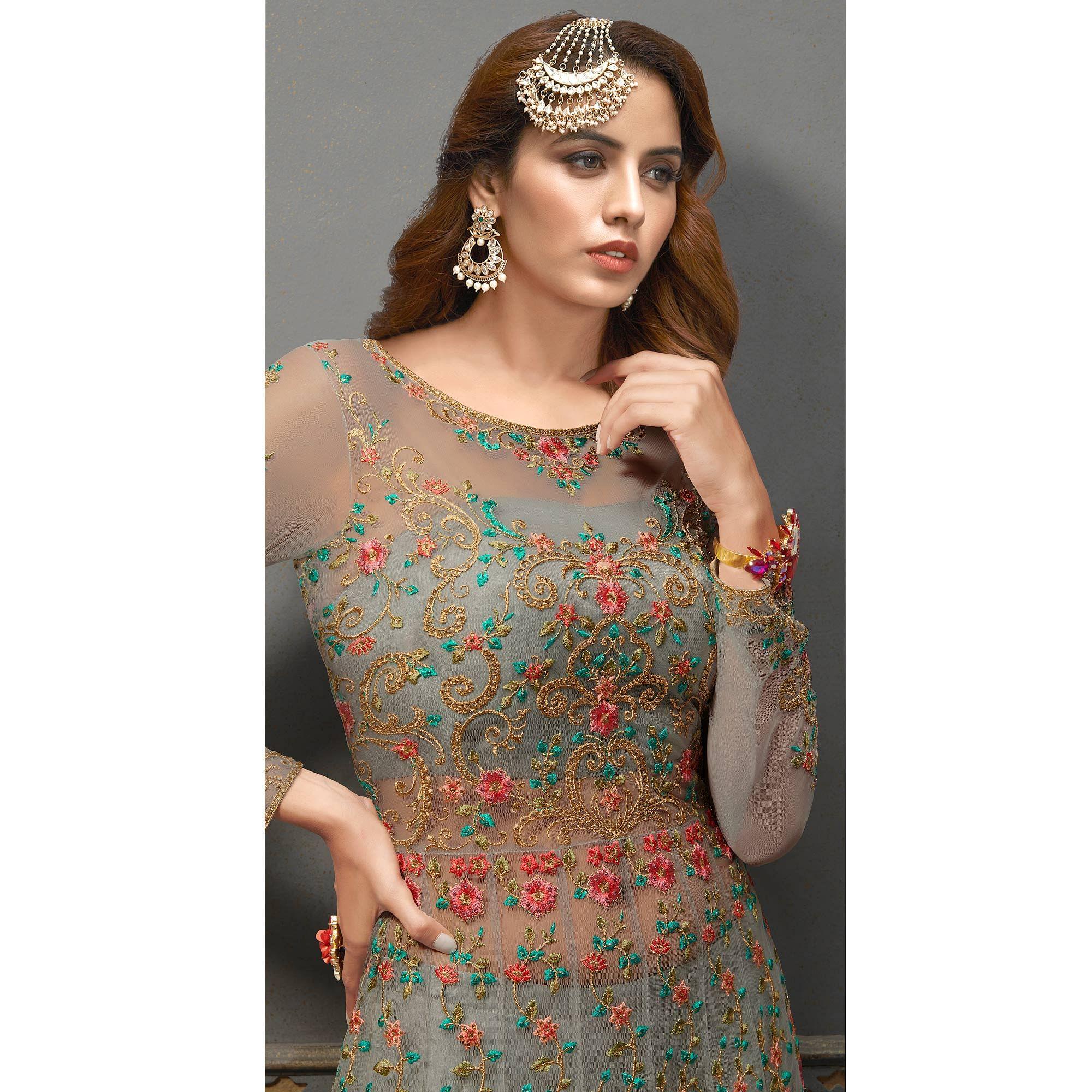 Grey Floral Embroidered With Handwork Soft Net Partywear Gown - Peachmode