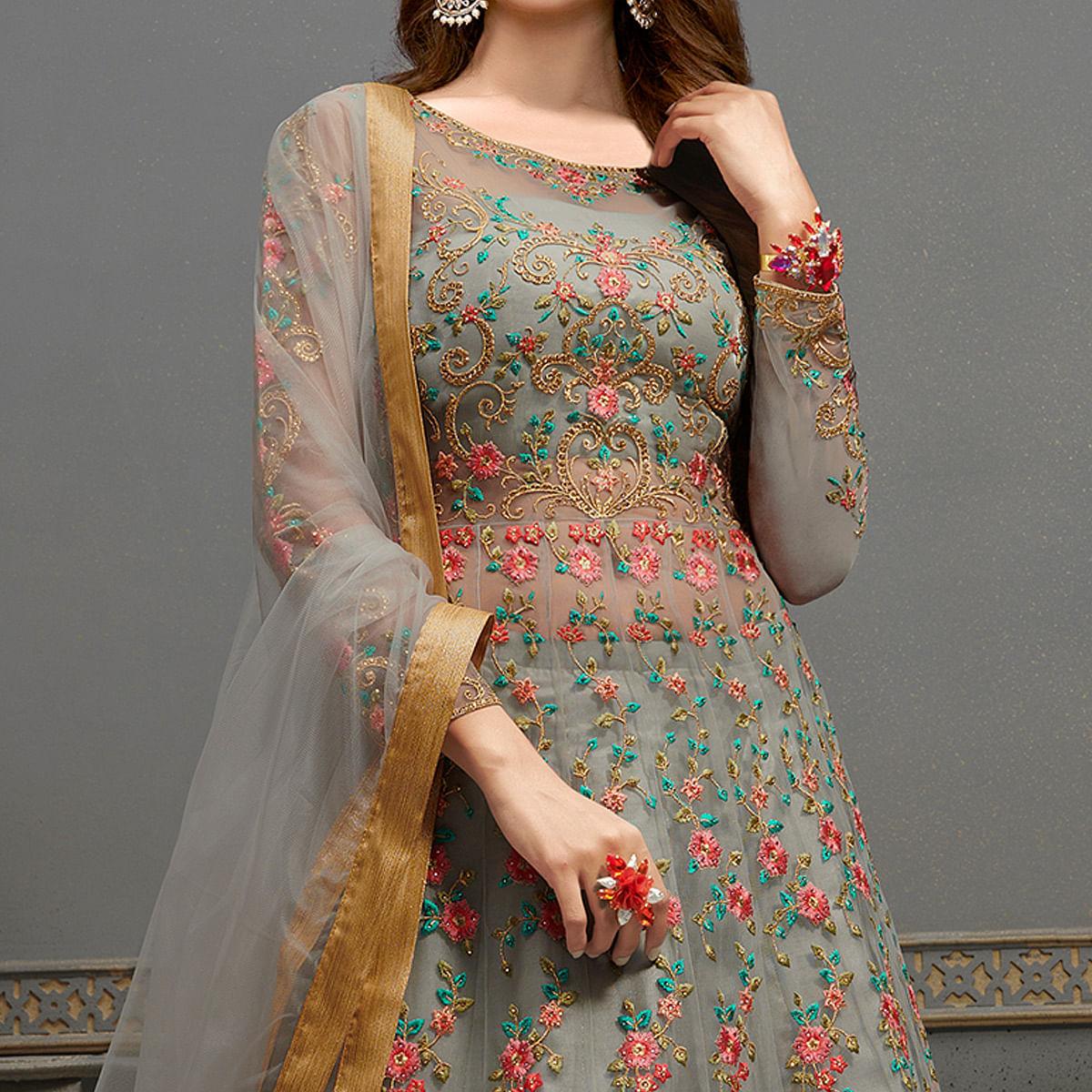Grey Floral Embroidered With Handwork Soft Net Partywear Gown - Peachmode