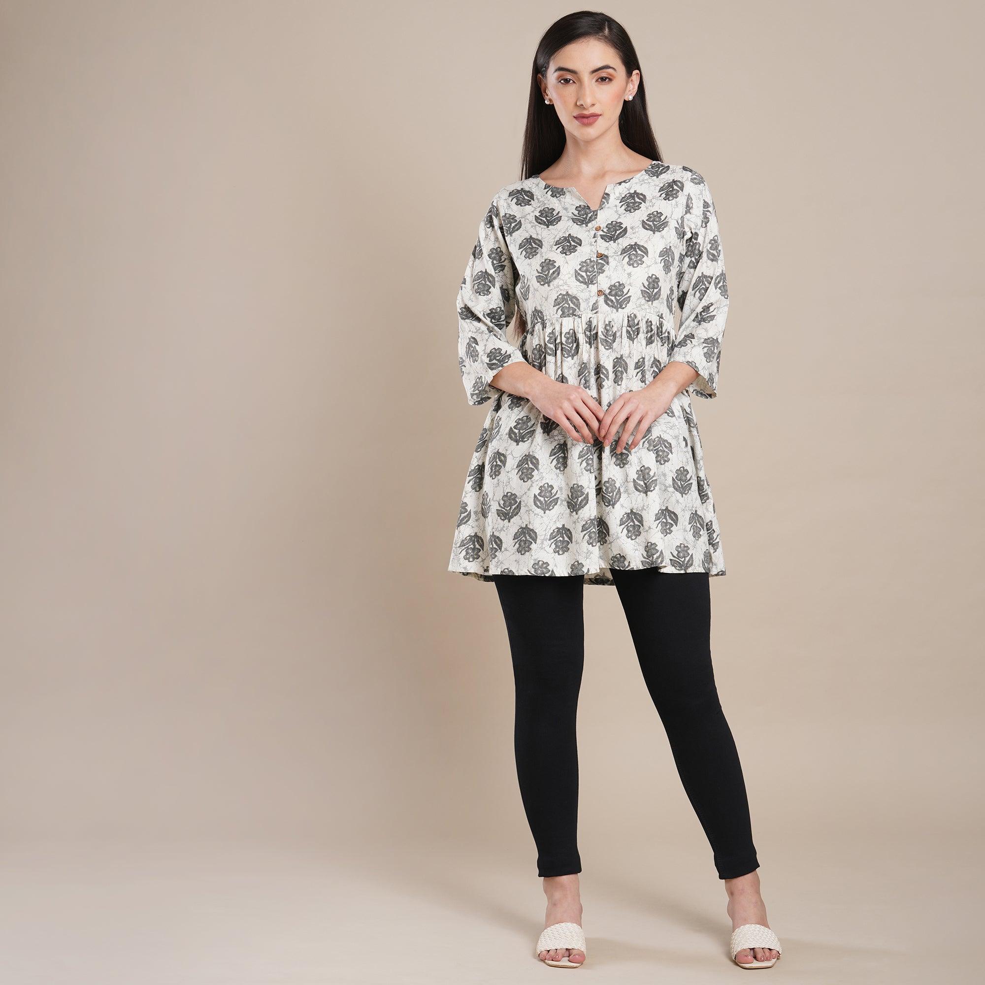 Grey Floral Foil Printed Rayon Top - Peachmode