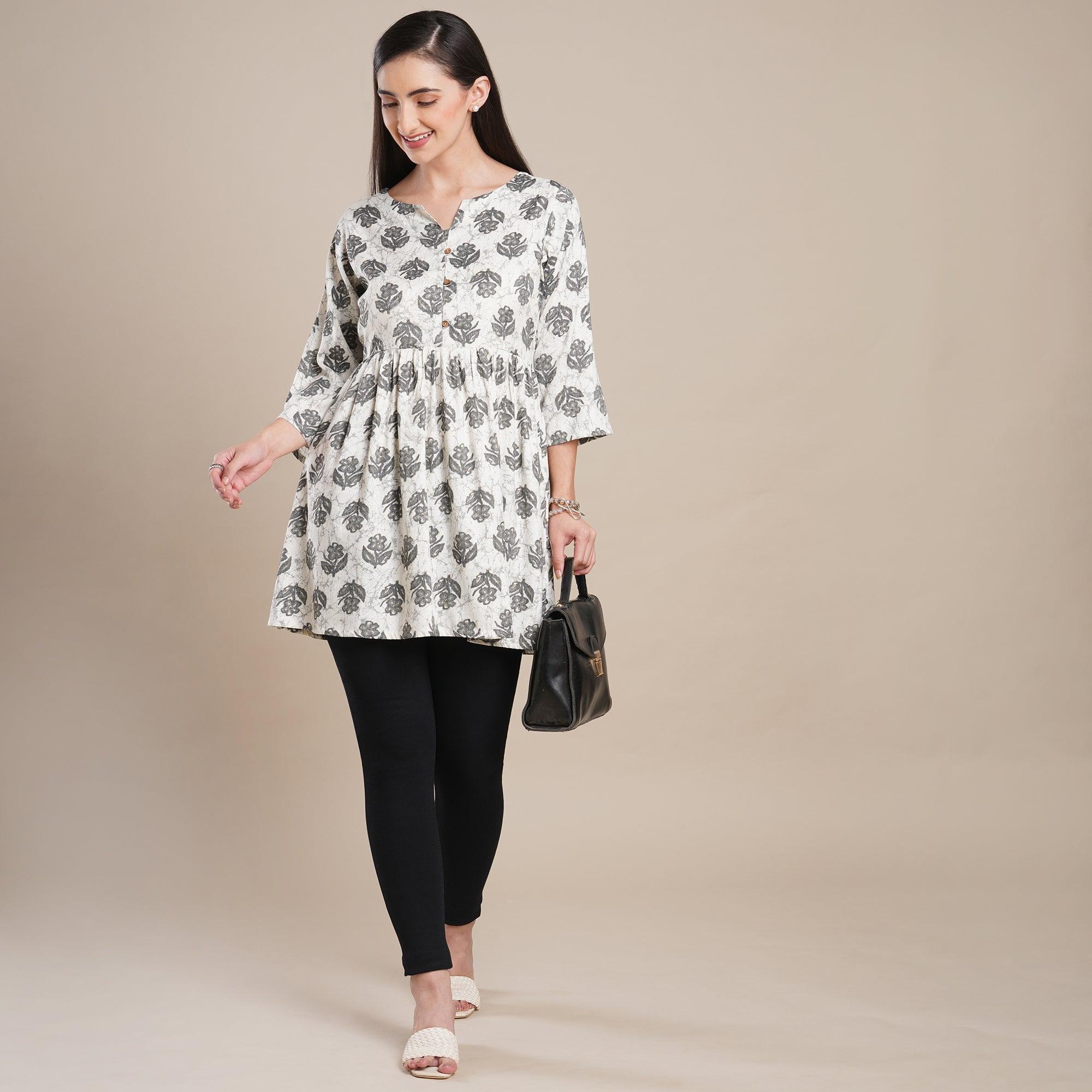 Grey Floral Foil Printed Rayon Top - Peachmode