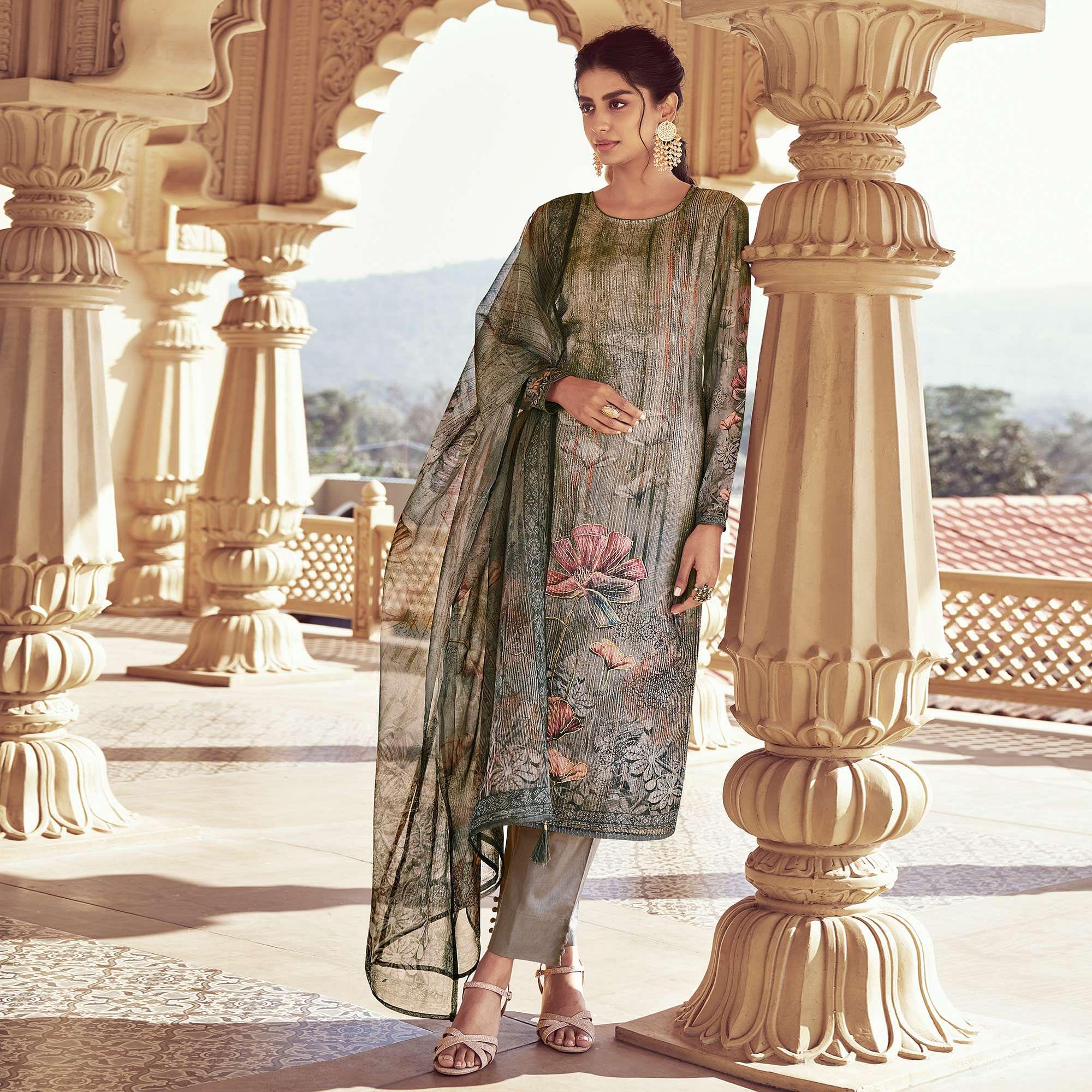 Grey Floral Print With Sequence Embroidered Royal chinon Partywear Suit - Peachmode