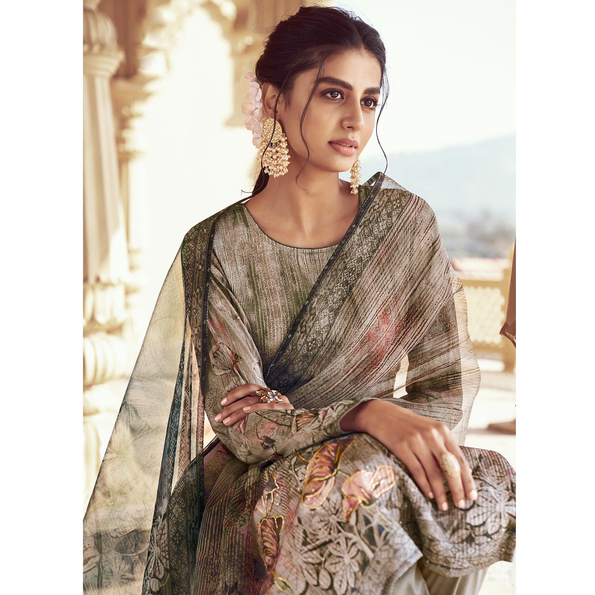 Grey Floral Print With Sequence Embroidered Royal chinon Partywear Suit - Peachmode