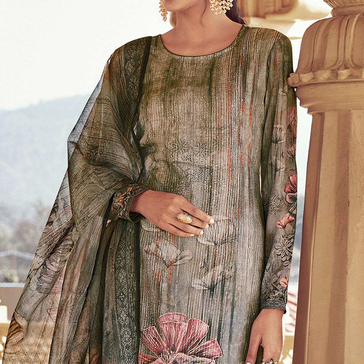 Grey Floral Print With Sequence Embroidered Royal chinon Partywear Suit - Peachmode
