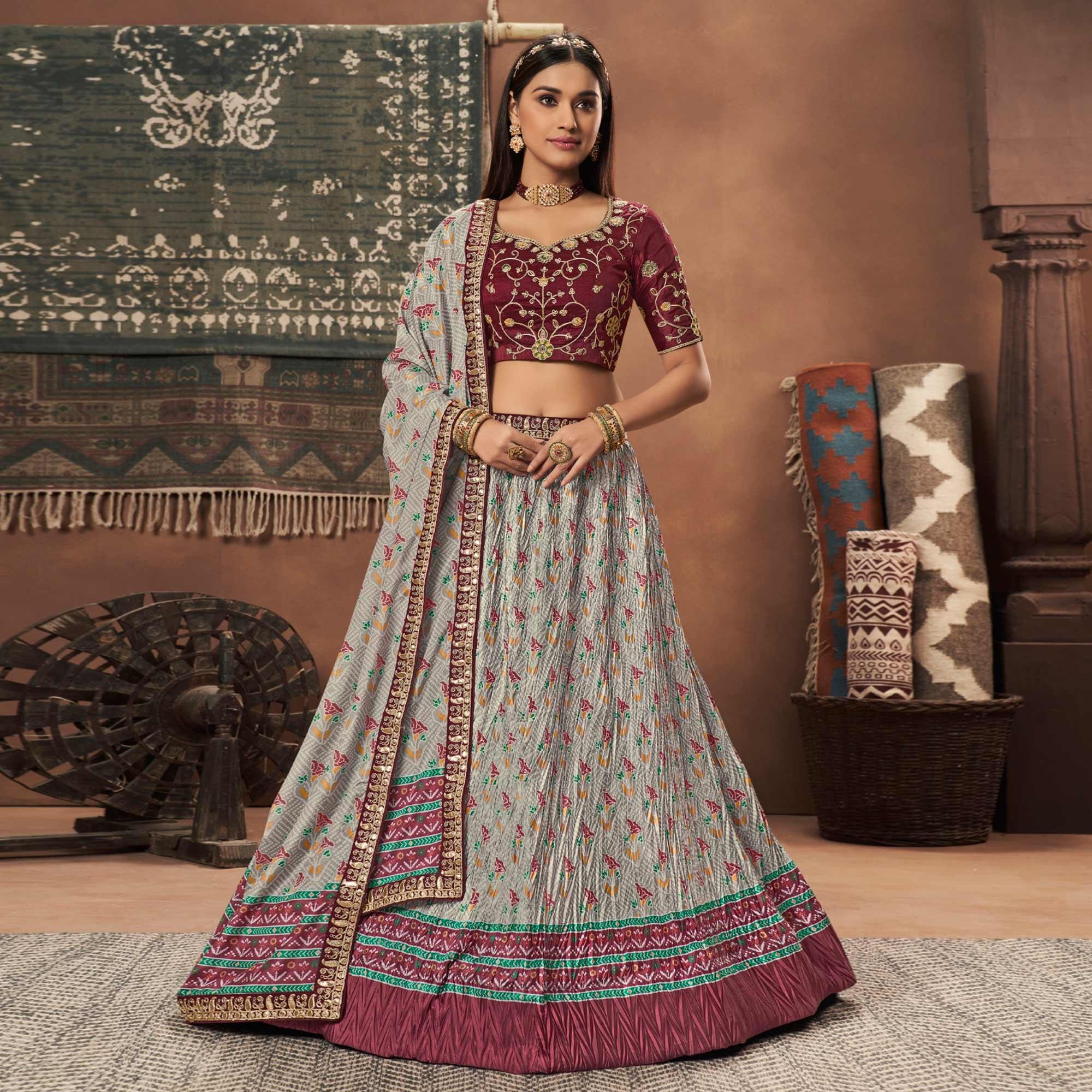 Grey Floral Printed Art Silk Lehenga Choli - Peachmode