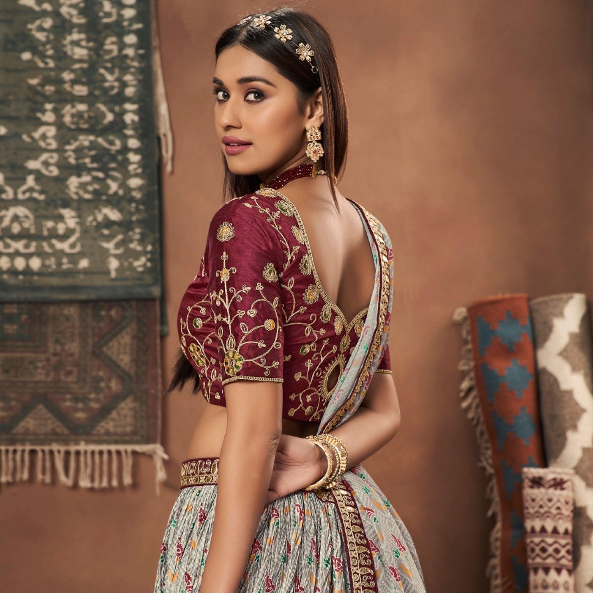 Grey Floral Printed Art Silk Lehenga Choli - Peachmode