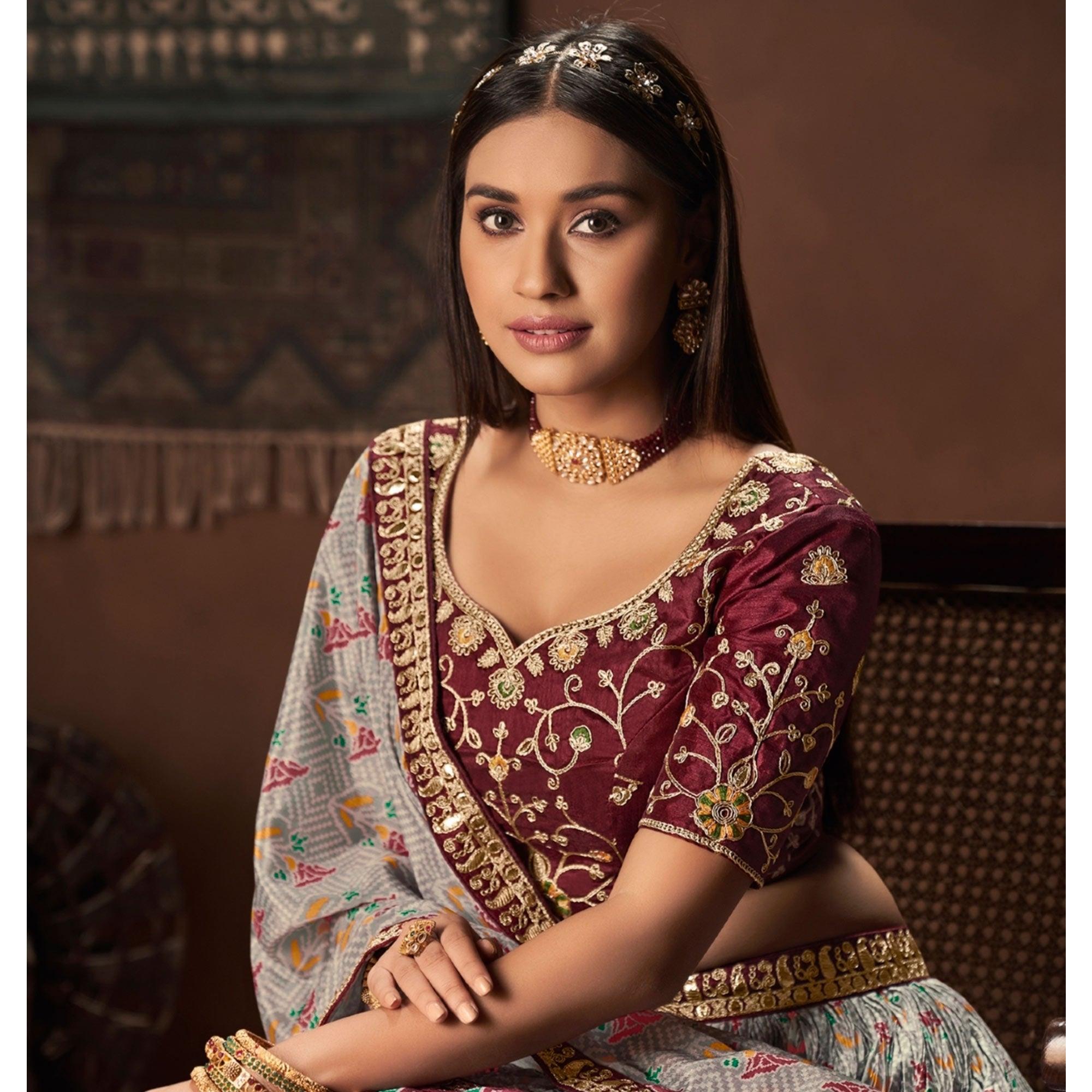 Grey Floral Printed Art Silk Lehenga Choli - Peachmode