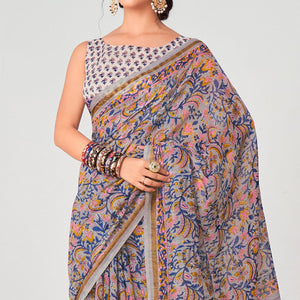 Grey Floral Printed Chanderi Saree - Peachmode