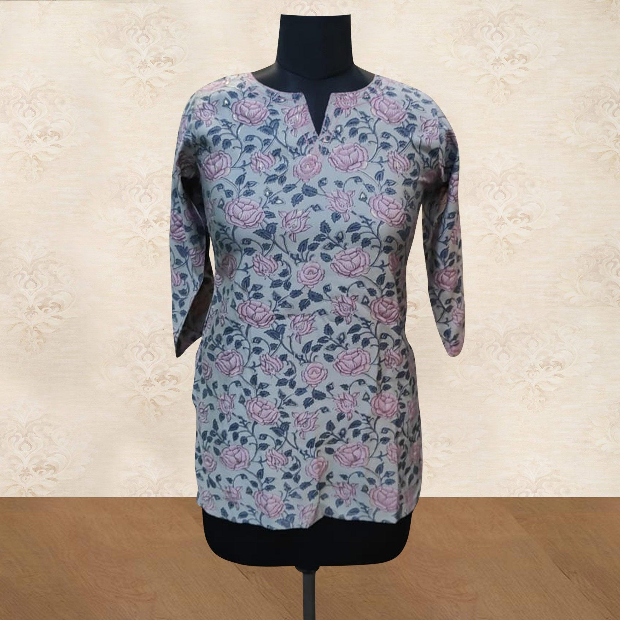 Grey Floral Printed Chanderi Top - Peachmode