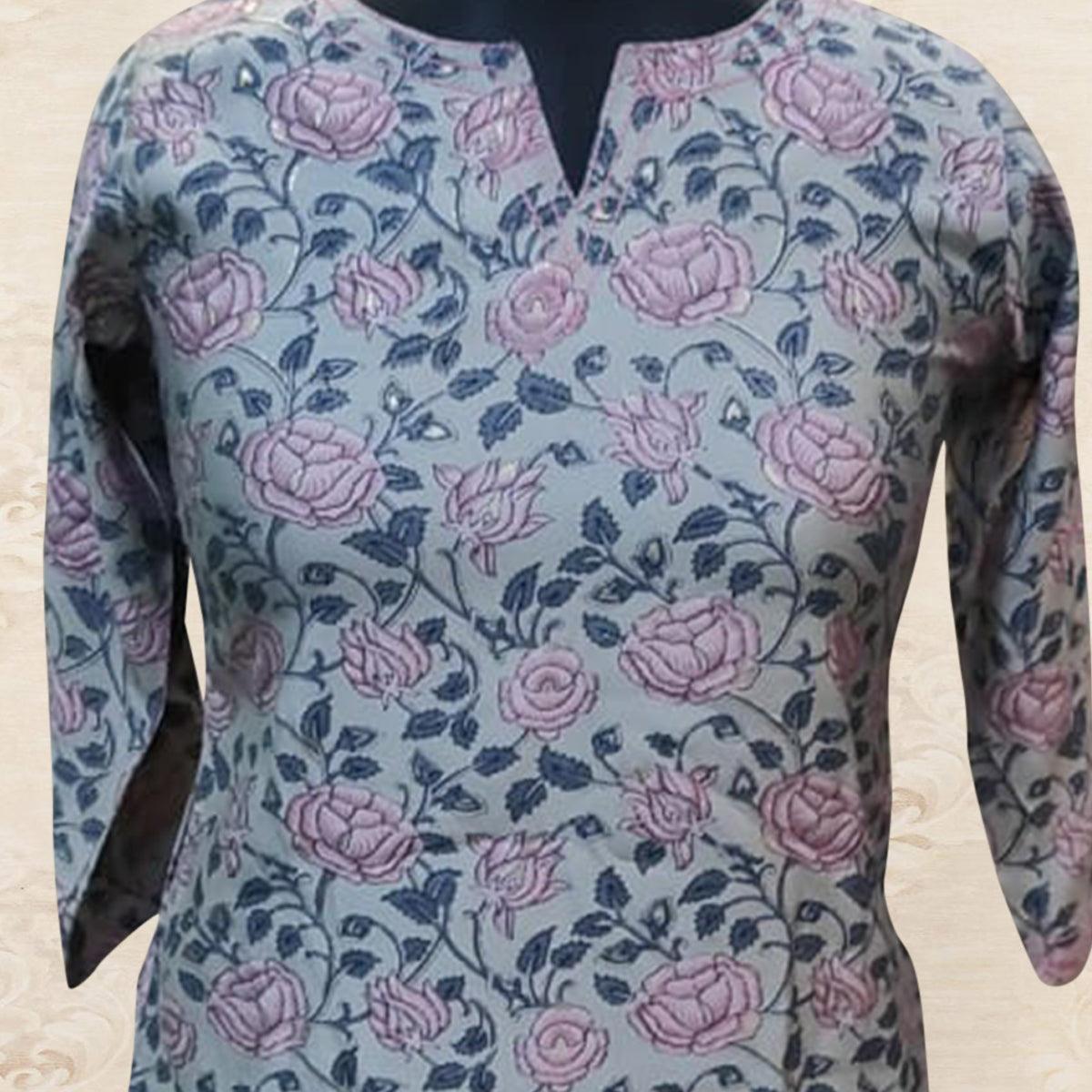 Grey Floral Printed Chanderi Top - Peachmode