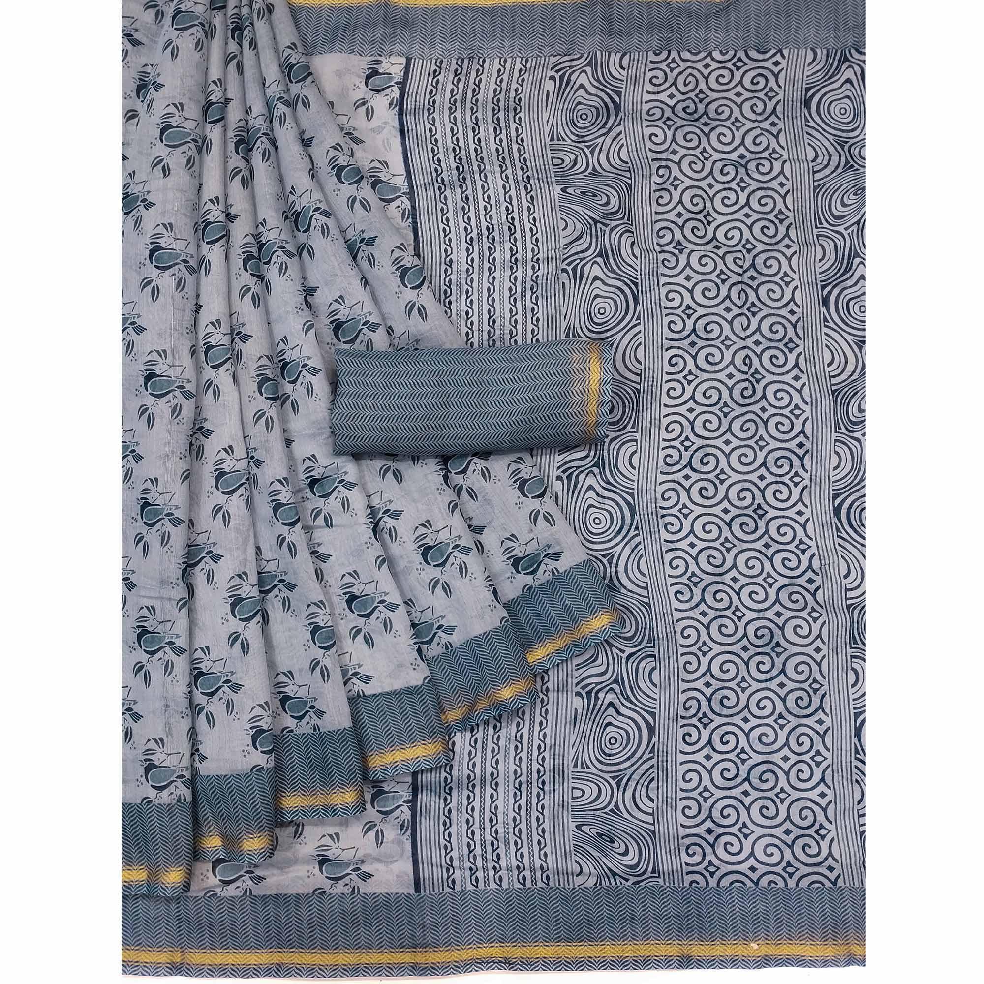 Grey Floral Printed Cotton Blend Saree - Peachmode