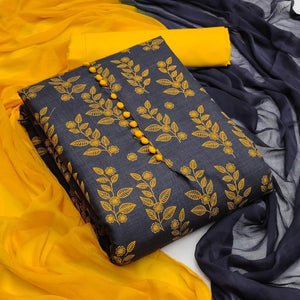 Grey Floral Printed Cotton Dress Material - Peachmode