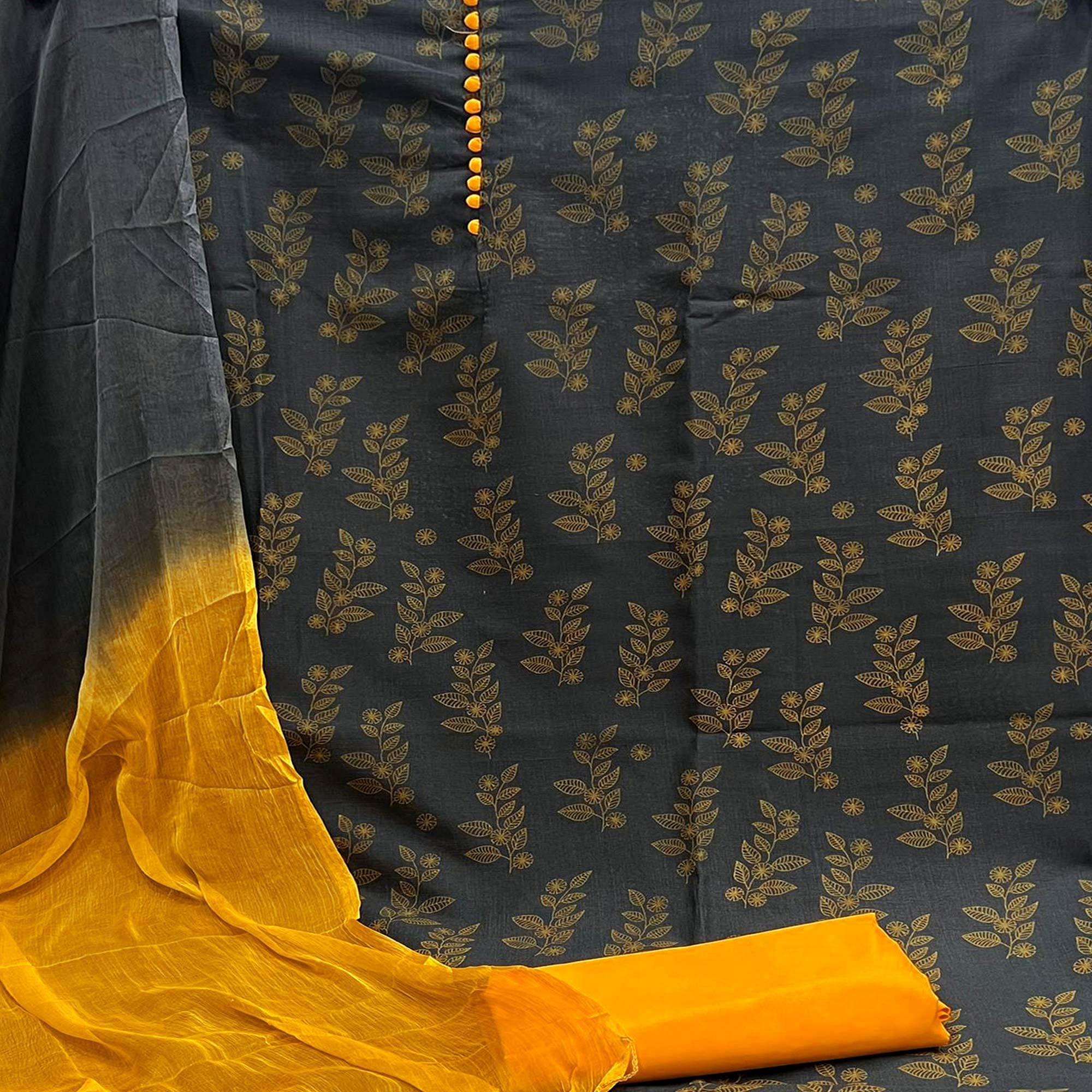 Grey Floral Printed Cotton Dress Material - Peachmode