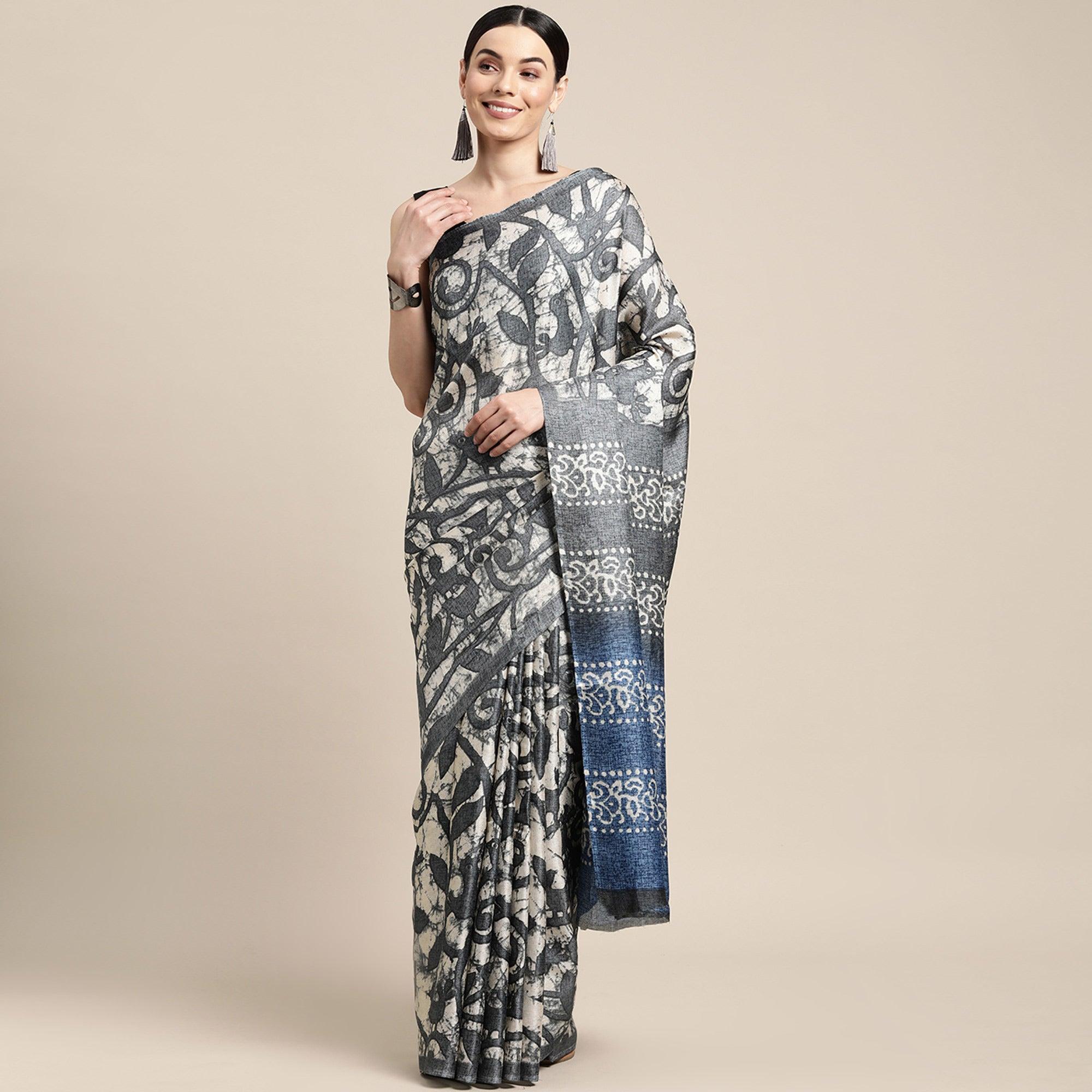 Grey Floral Printed Cotton Silk Saree - Peachmode