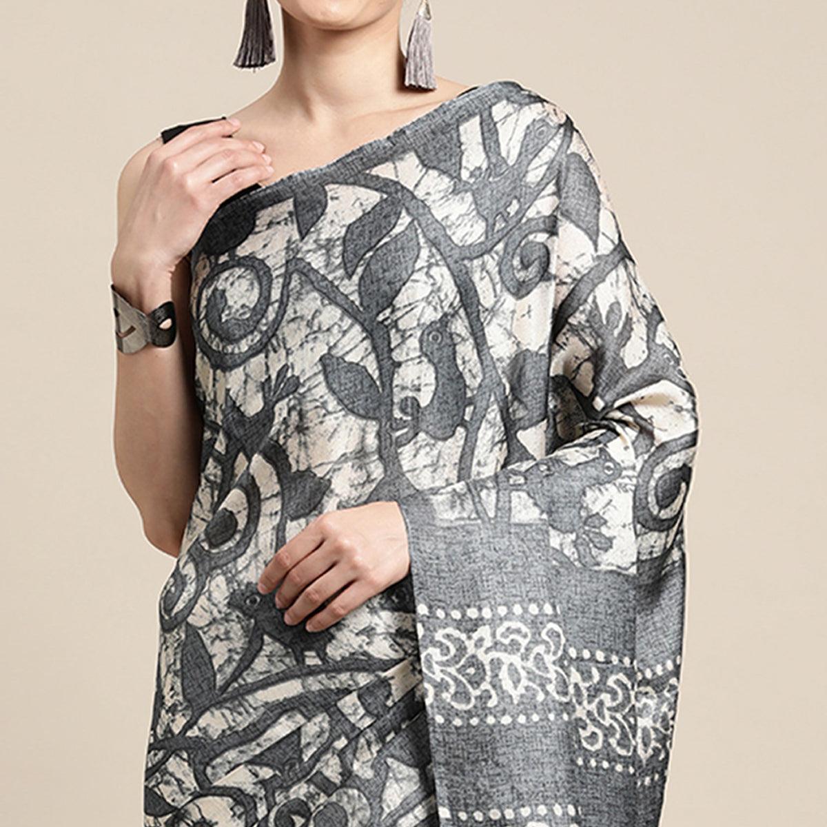 Grey Floral Printed Cotton Silk Saree - Peachmode