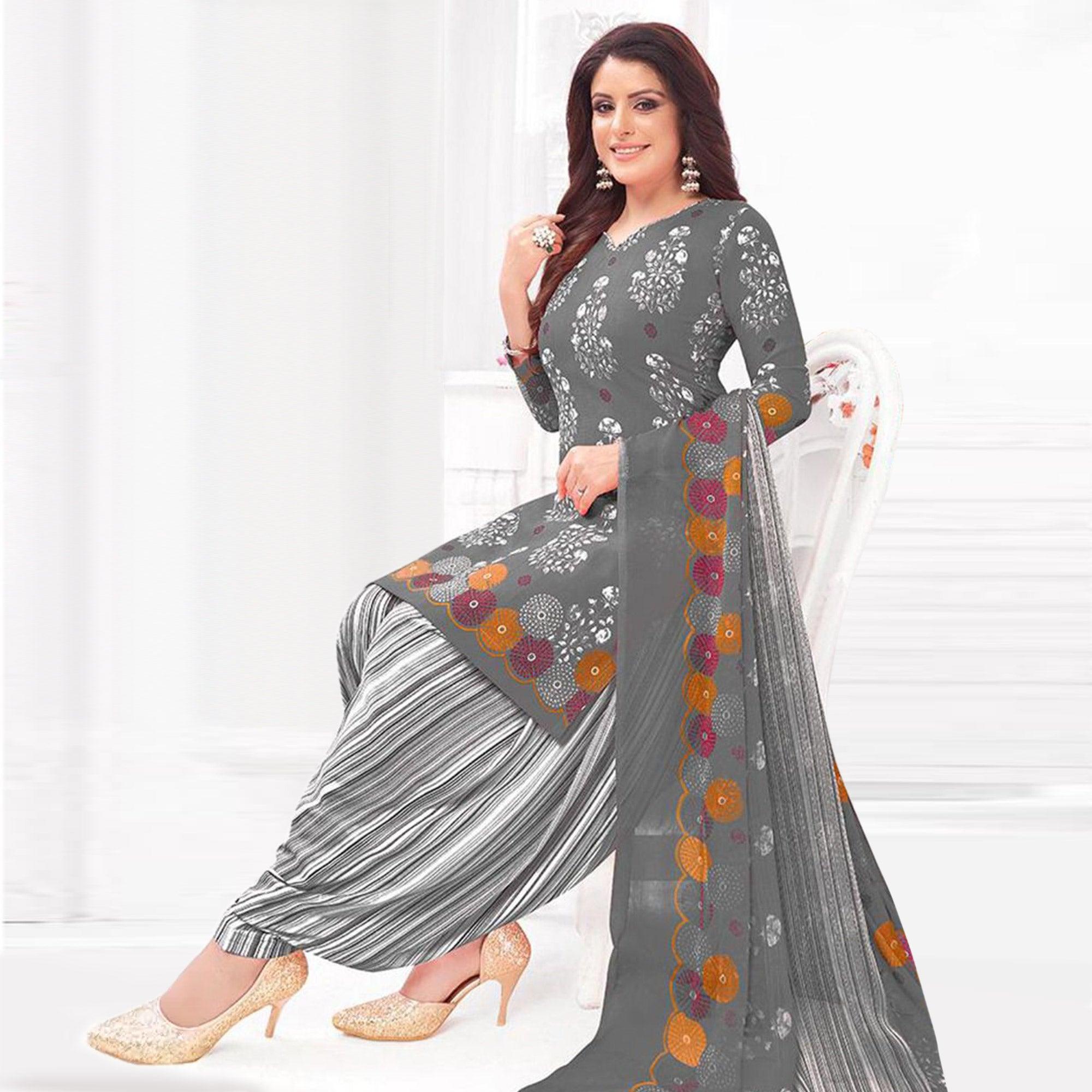 Grey Floral Printed Crepe Patiala Dress Material - Peachmode