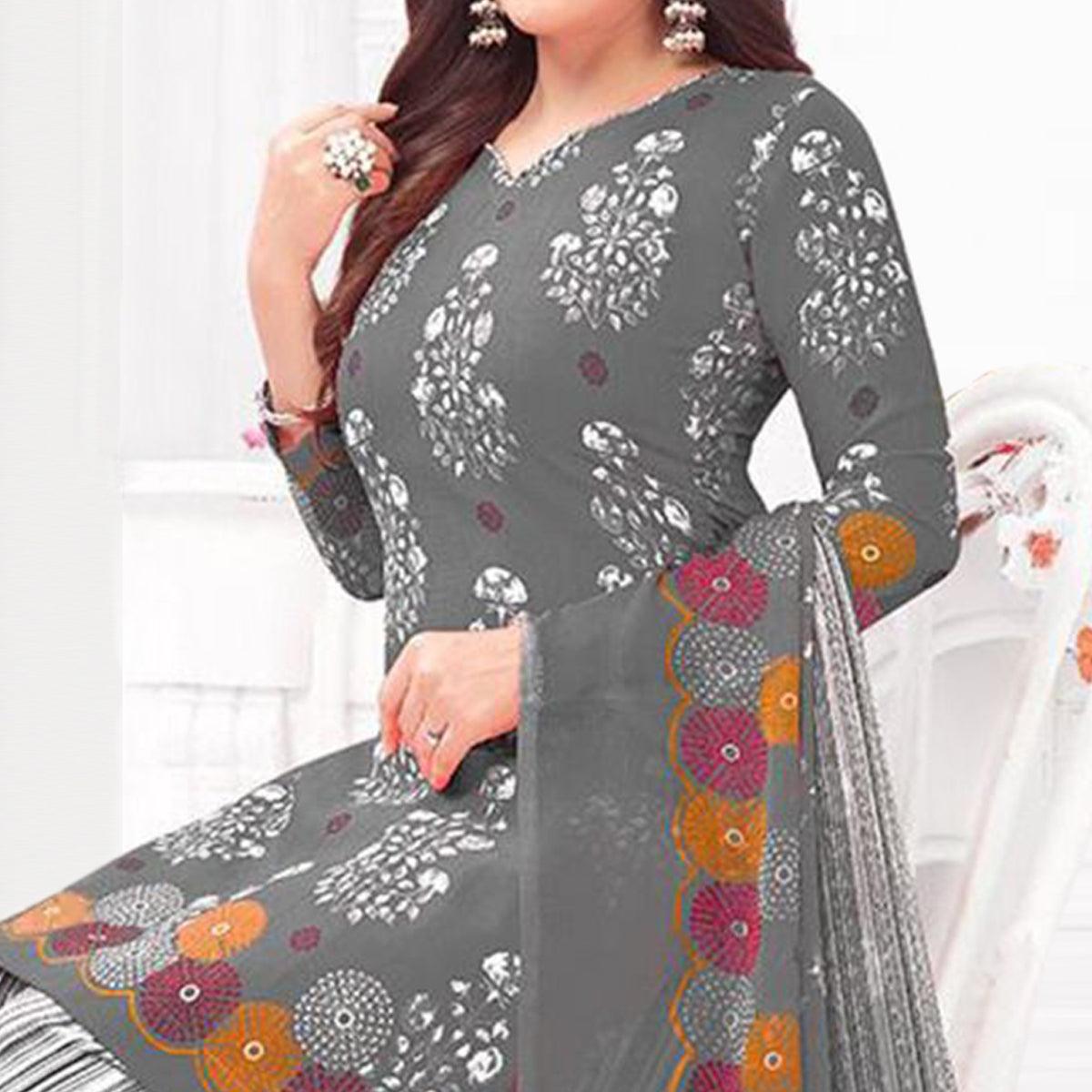 Grey Floral Printed Crepe Patiala Dress Material - Peachmode