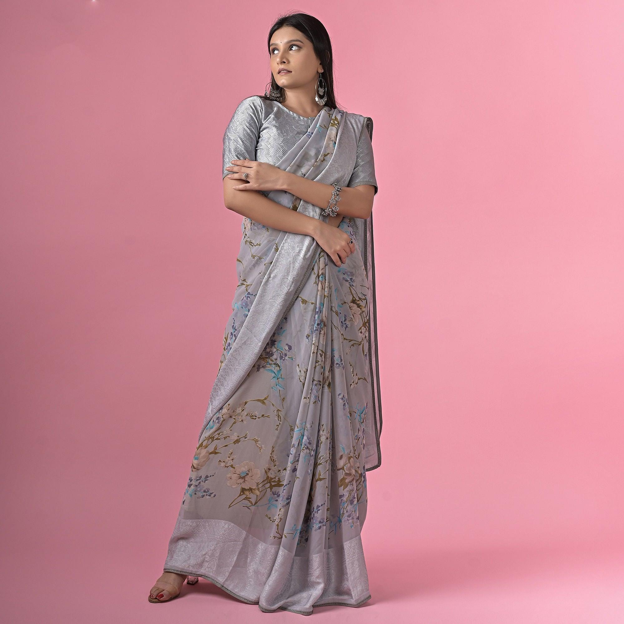 Grey Floral Printed Georgette Saree - Peachmode