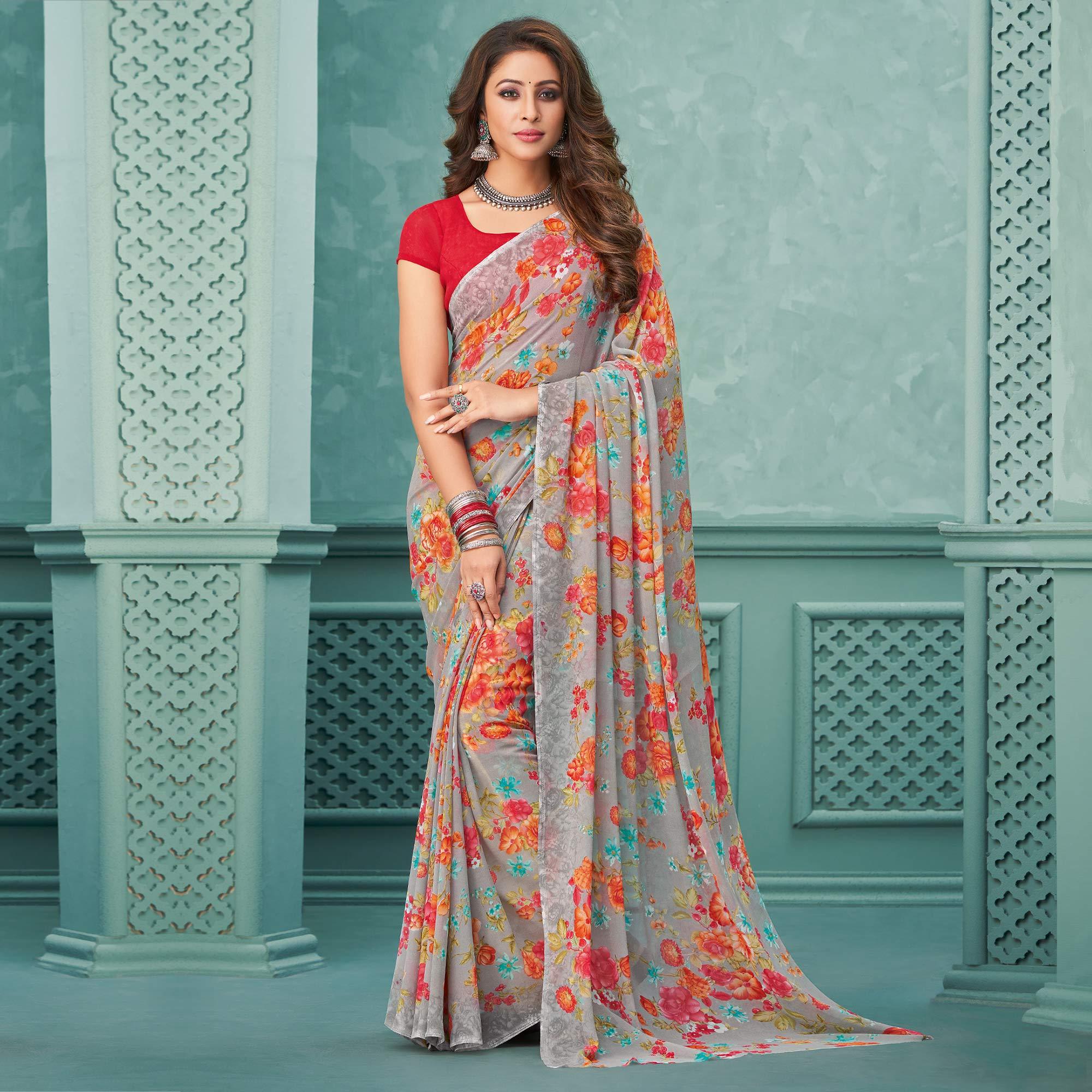 Grey Floral Printed Georgette Saree - Peachmode