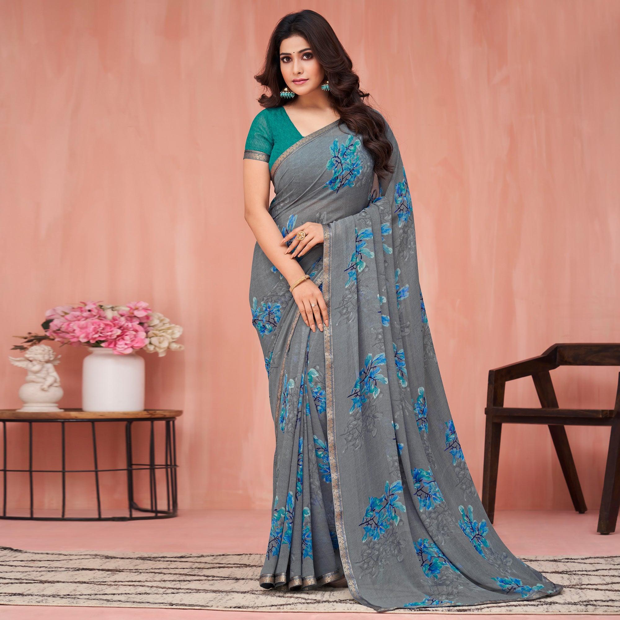 Grey Floral Printed Georgette Saree - Peachmode