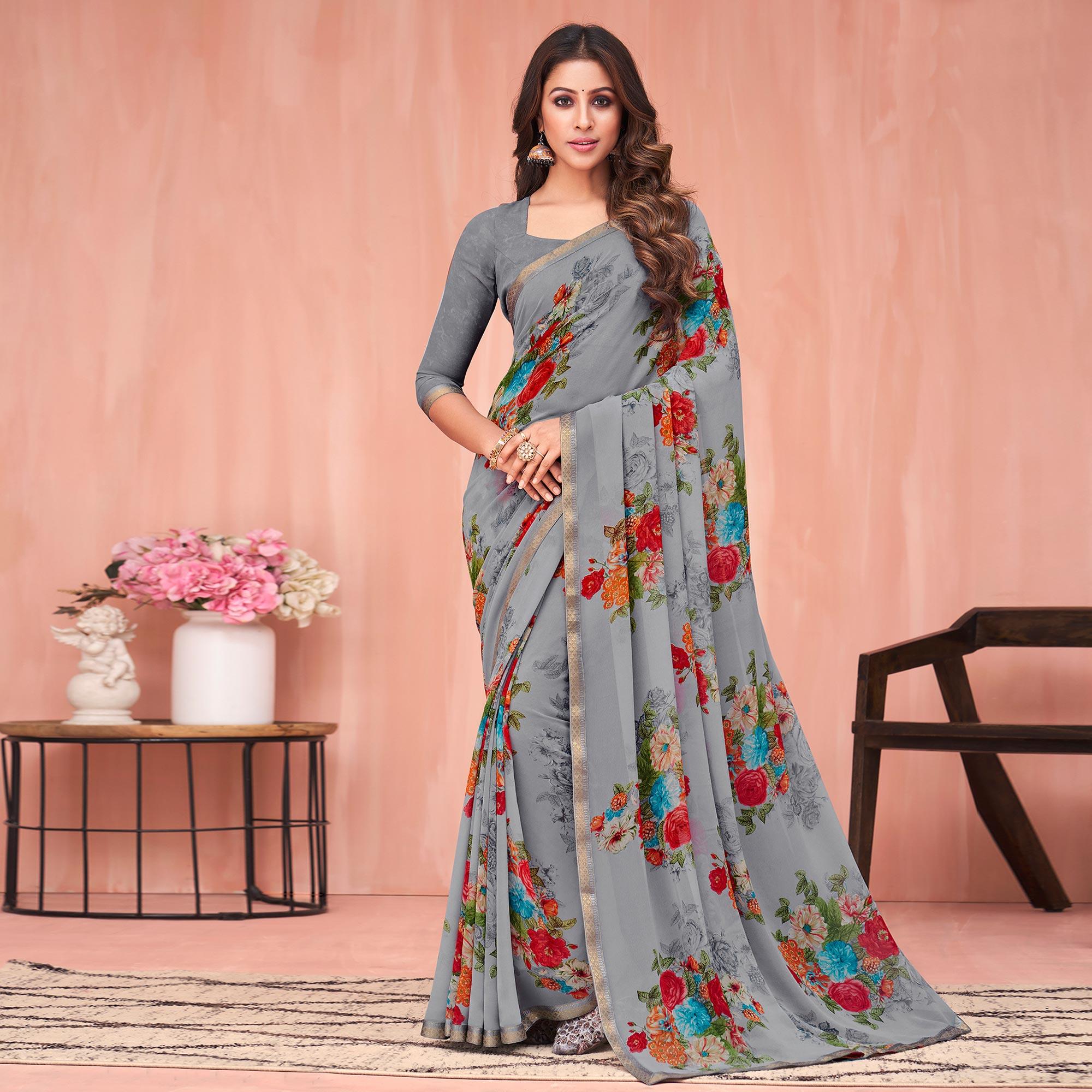Grey Floral Printed Georgette Saree - Peachmode