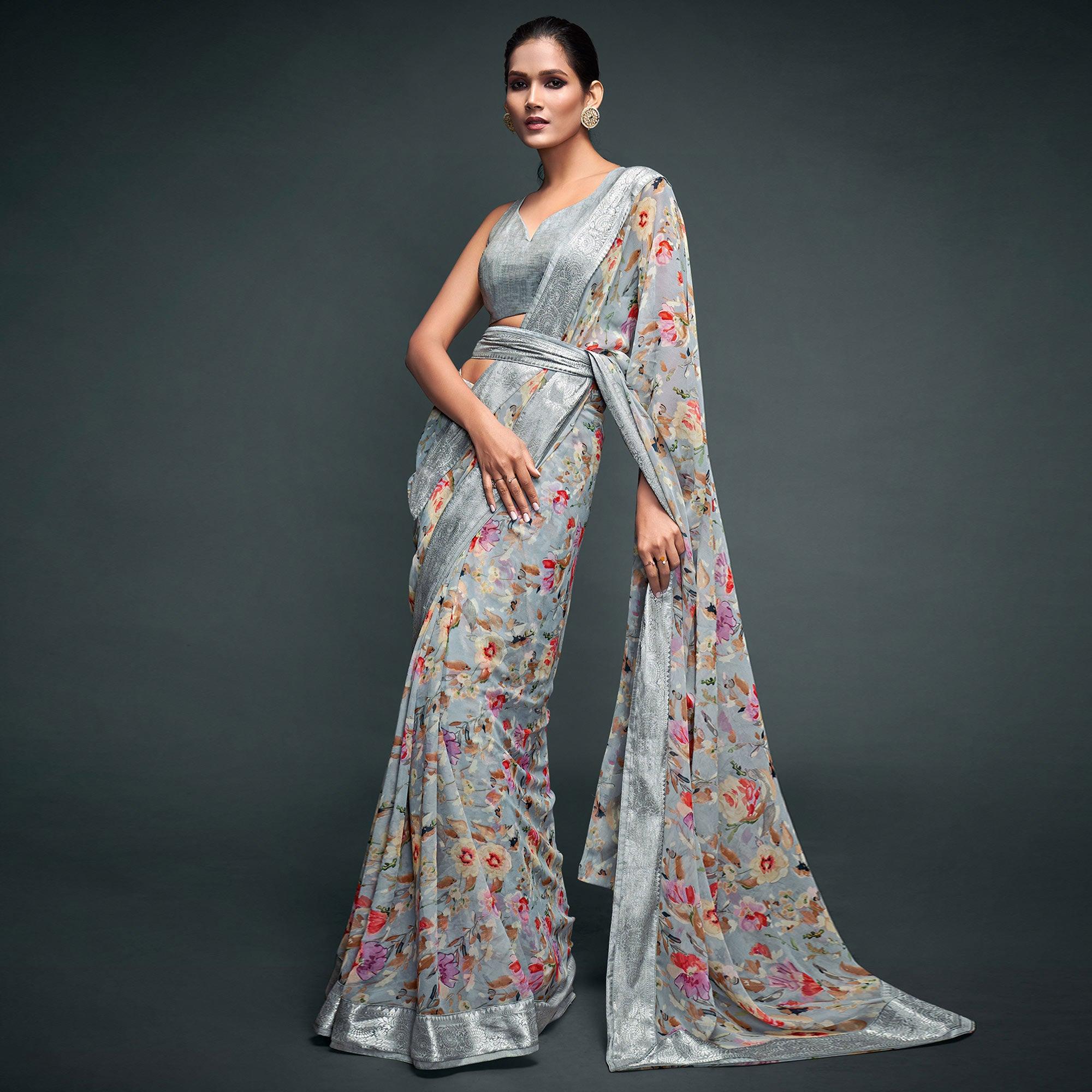 Grey Floral Printed Georgette Saree - Peachmode