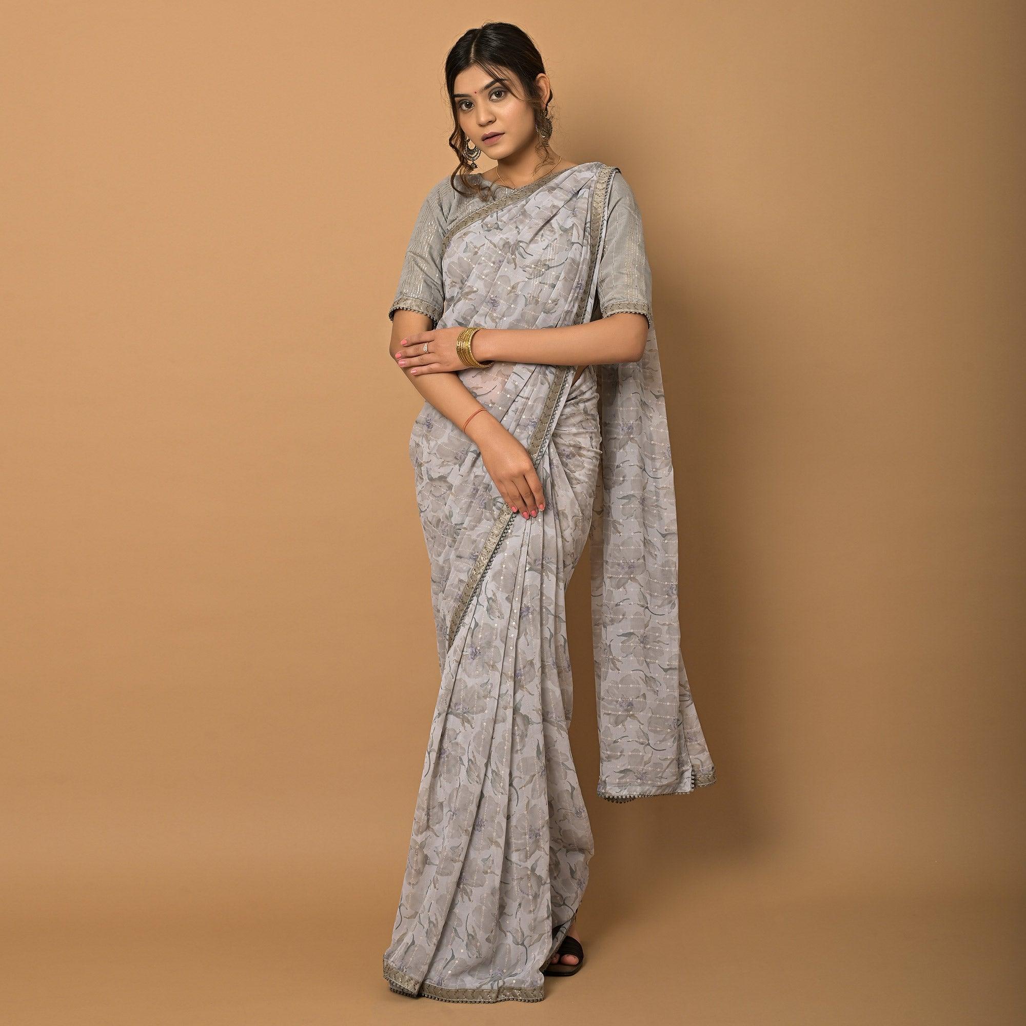 Grey Floral Printed Georgette Saree - Peachmode