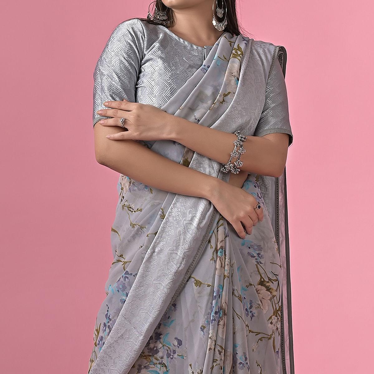 Grey Floral Printed Georgette Saree - Peachmode