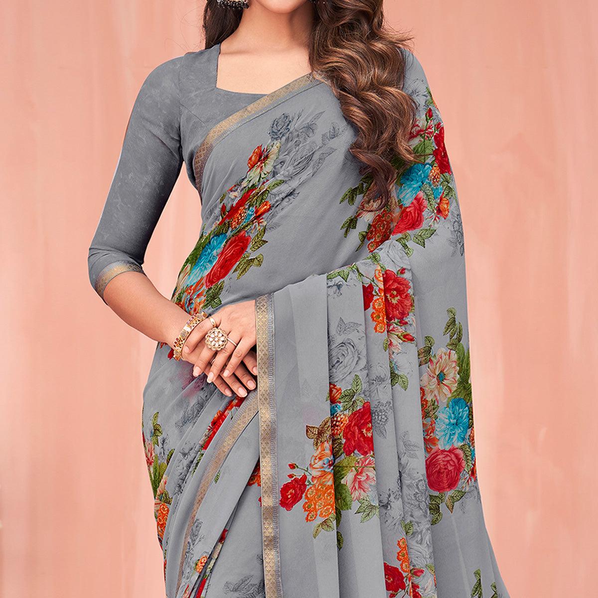 Grey Floral Printed Georgette Saree - Peachmode