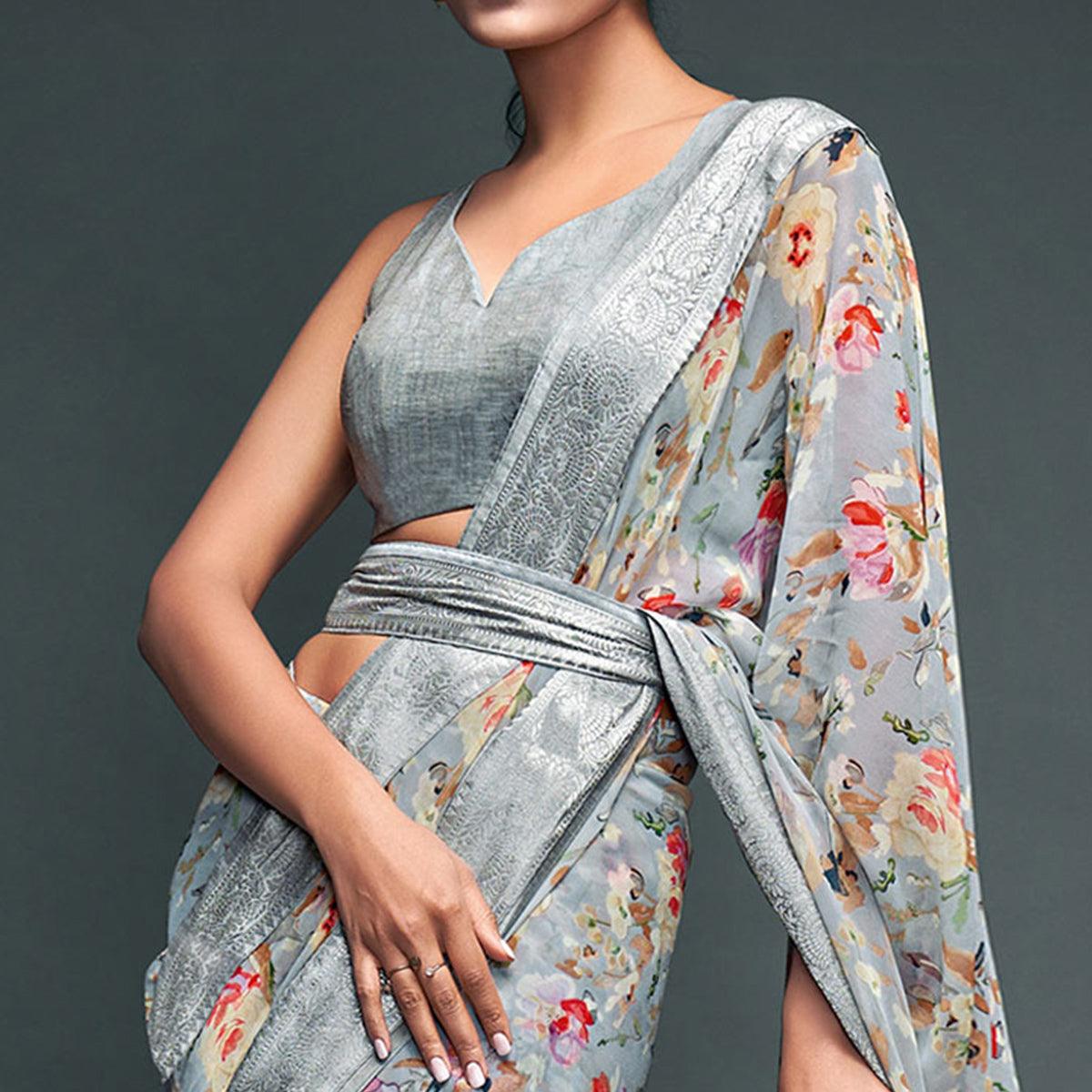 Grey Floral Printed Georgette Saree - Peachmode