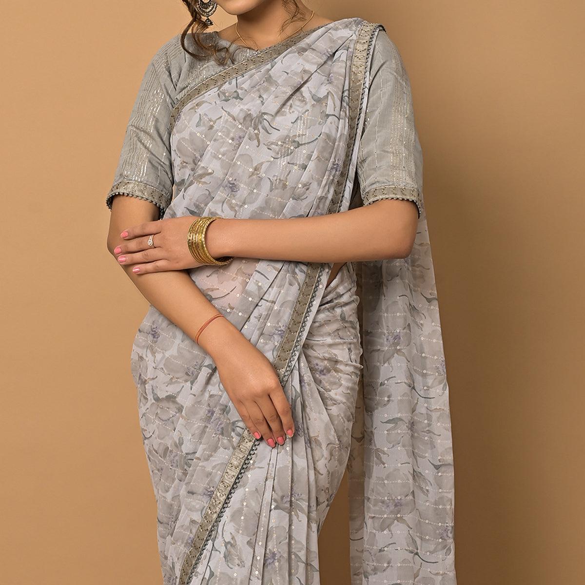 Grey Floral Printed Georgette Saree - Peachmode