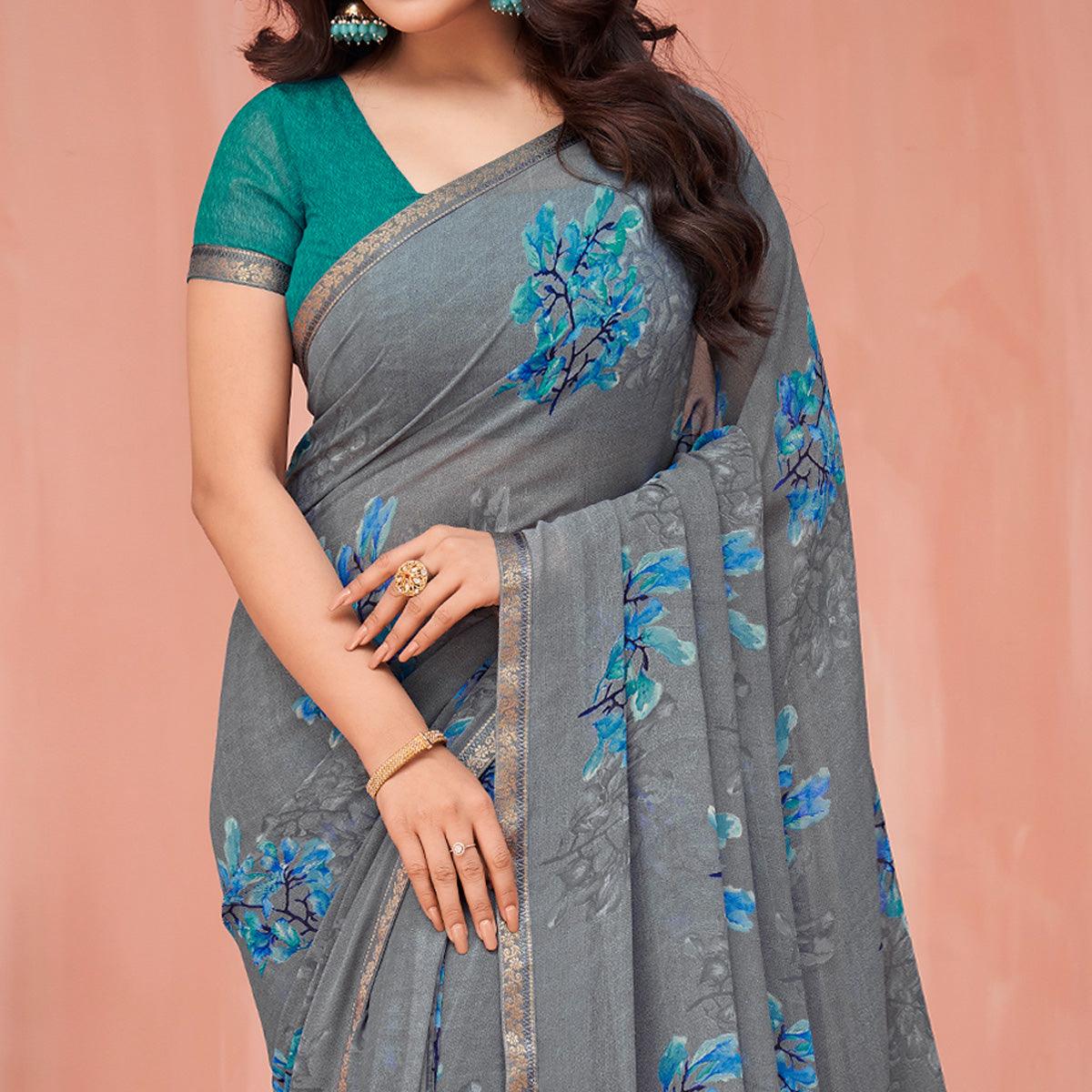 Grey Floral Printed Georgette Saree - Peachmode