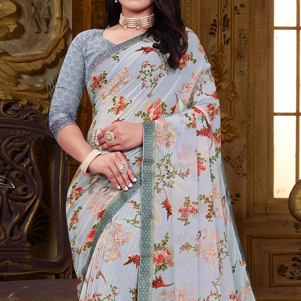 Grey Floral Printed Georgette Saree - Peachmode
