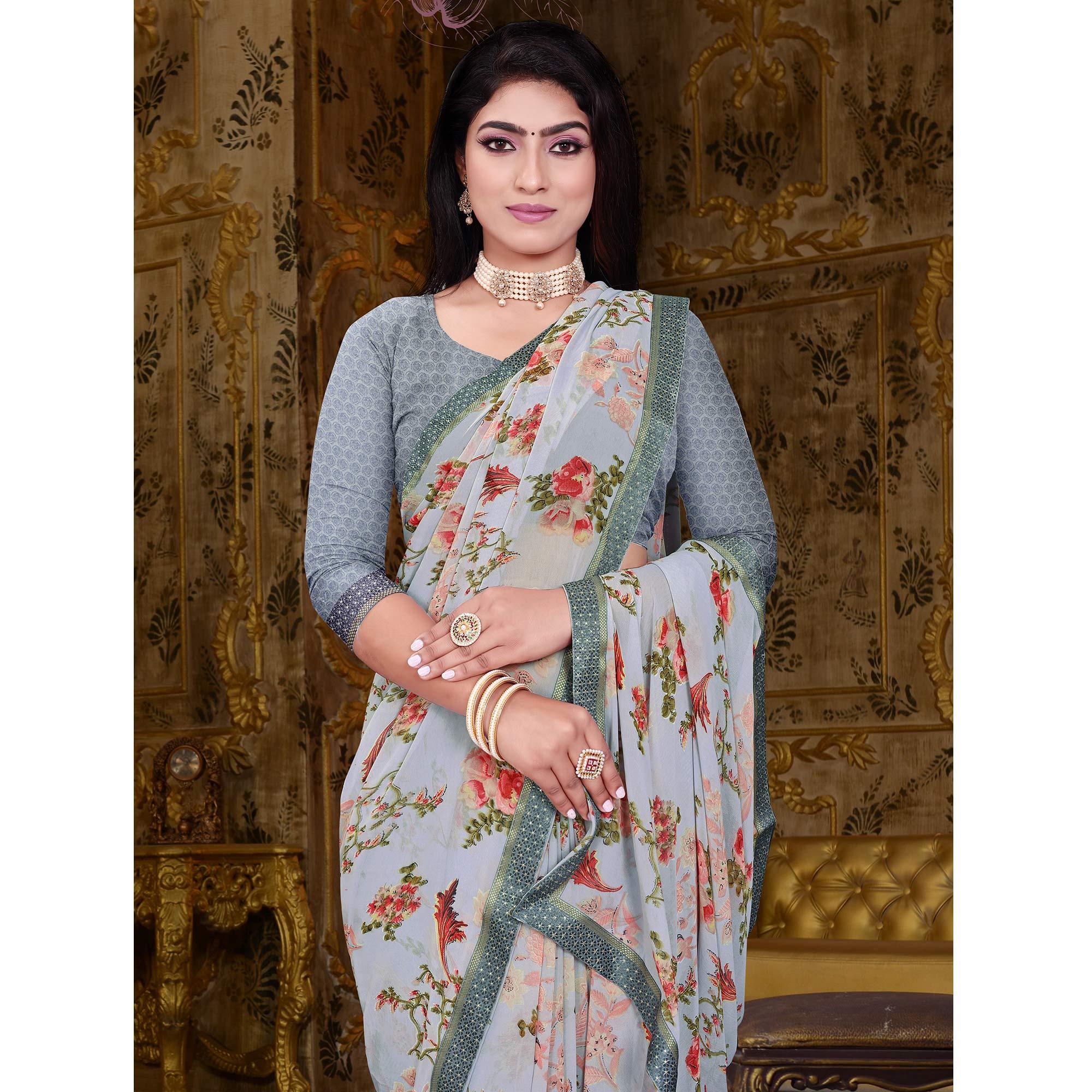 Grey Floral Printed Georgette Saree - Peachmode