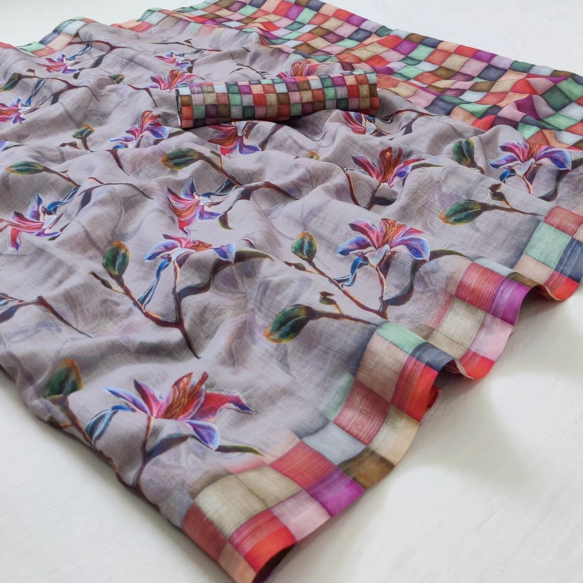 Grey Floral Printed Linen Saree - Peachmode