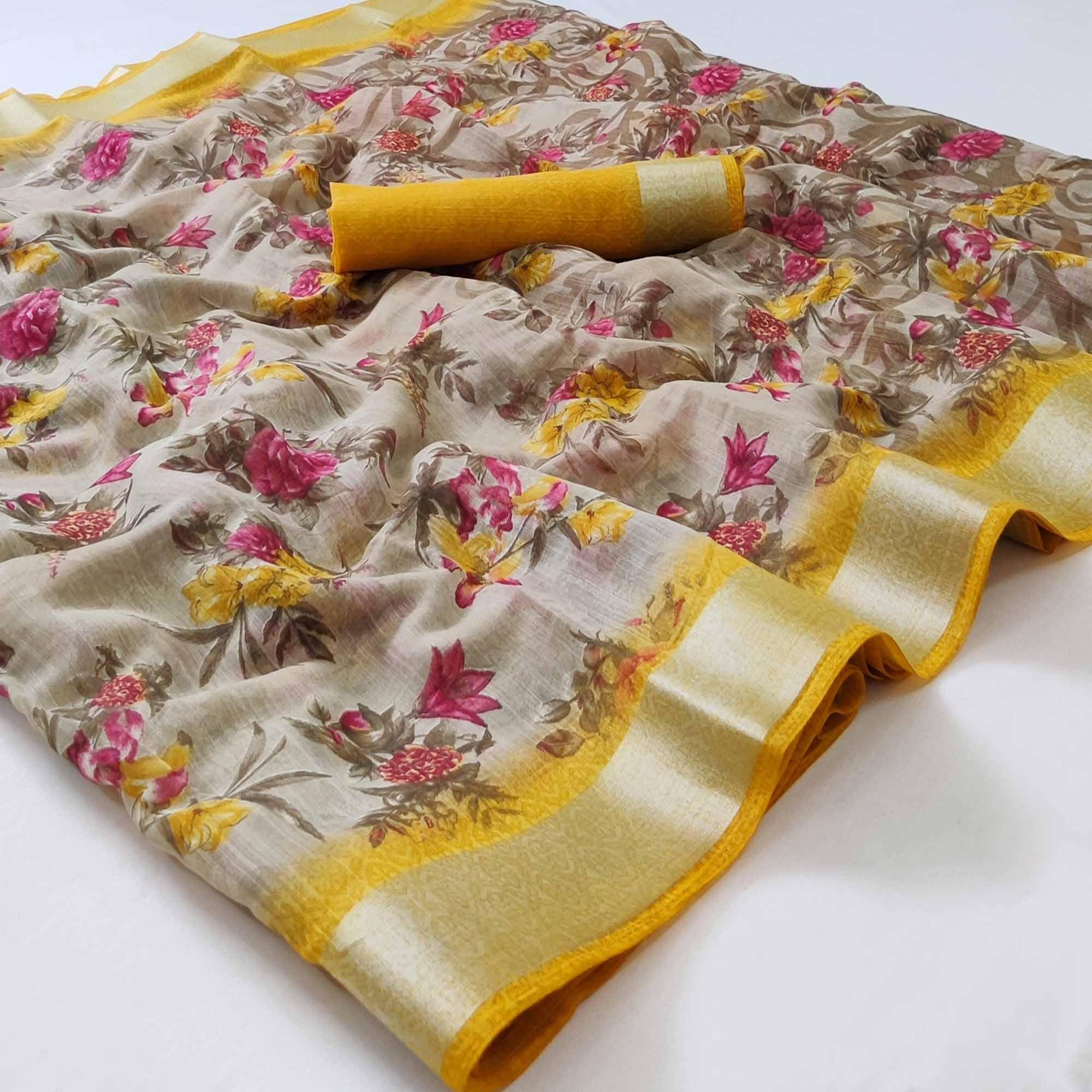 Grey Floral Printed Linen Saree - Peachmode