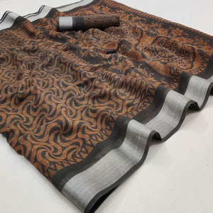 Grey Floral Printed Linen Saree - Peachmode