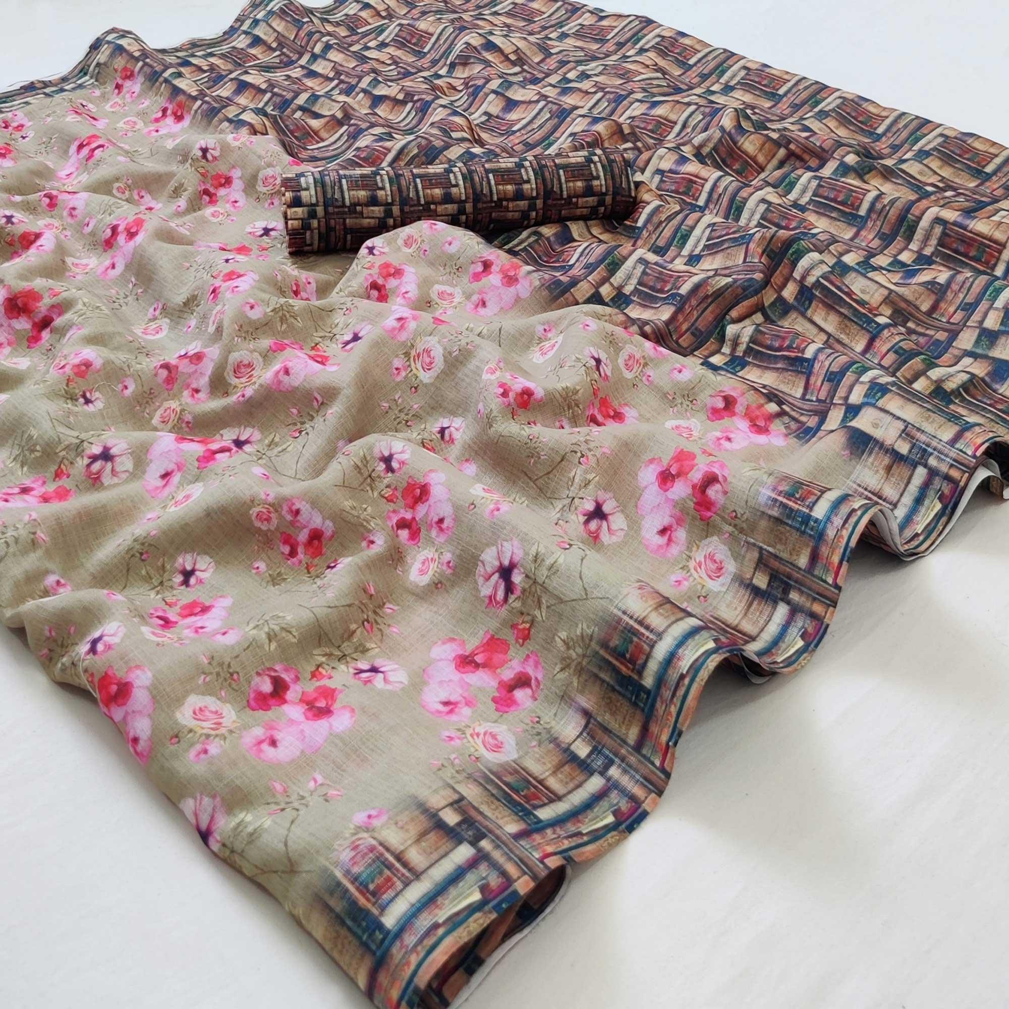 Grey Floral Printed Linen Saree - Peachmode