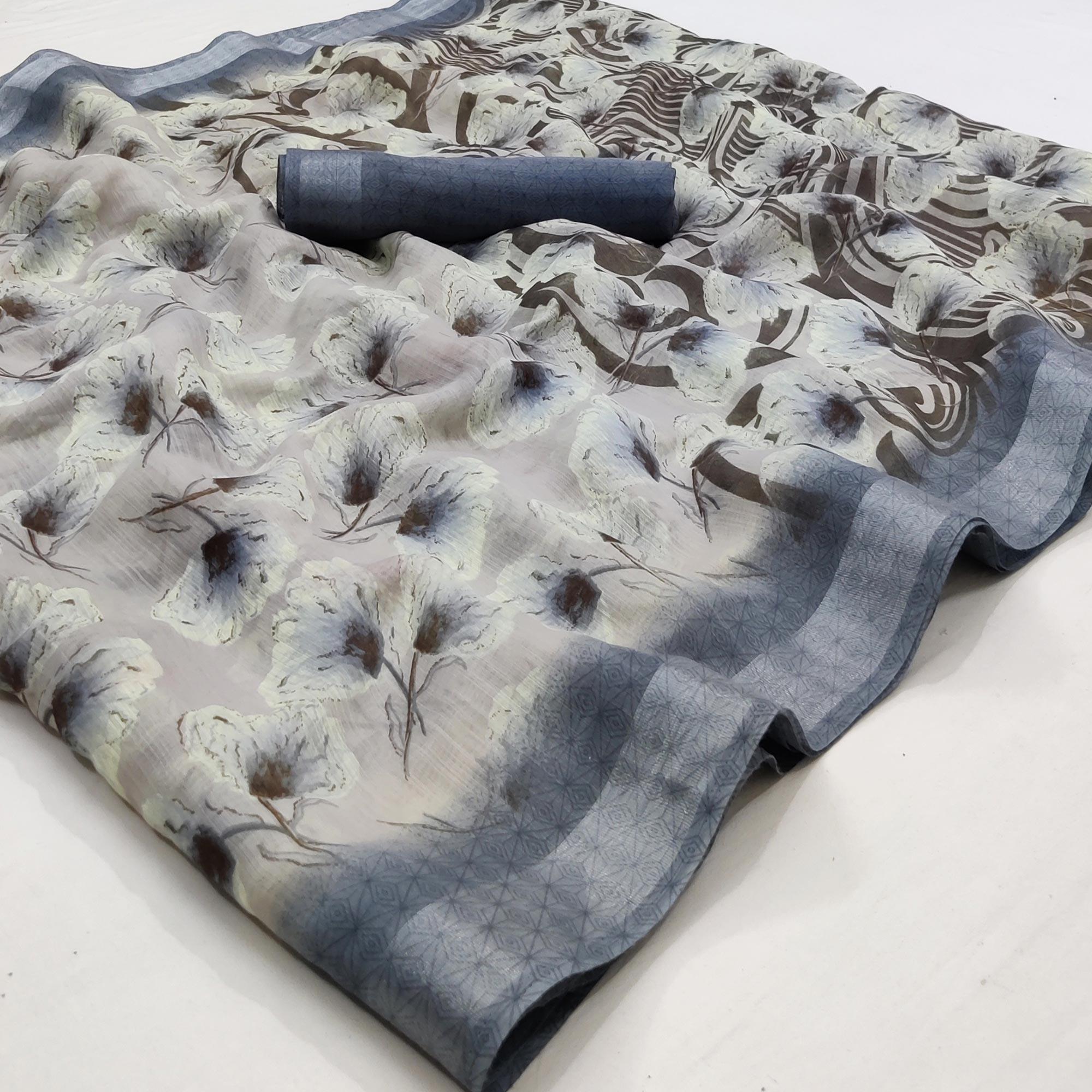 Grey Floral Printed Linen Saree - Peachmode