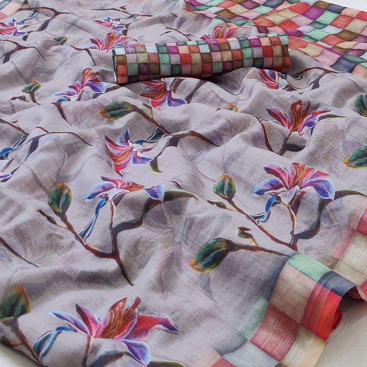 Grey Floral Printed Linen Saree - Peachmode