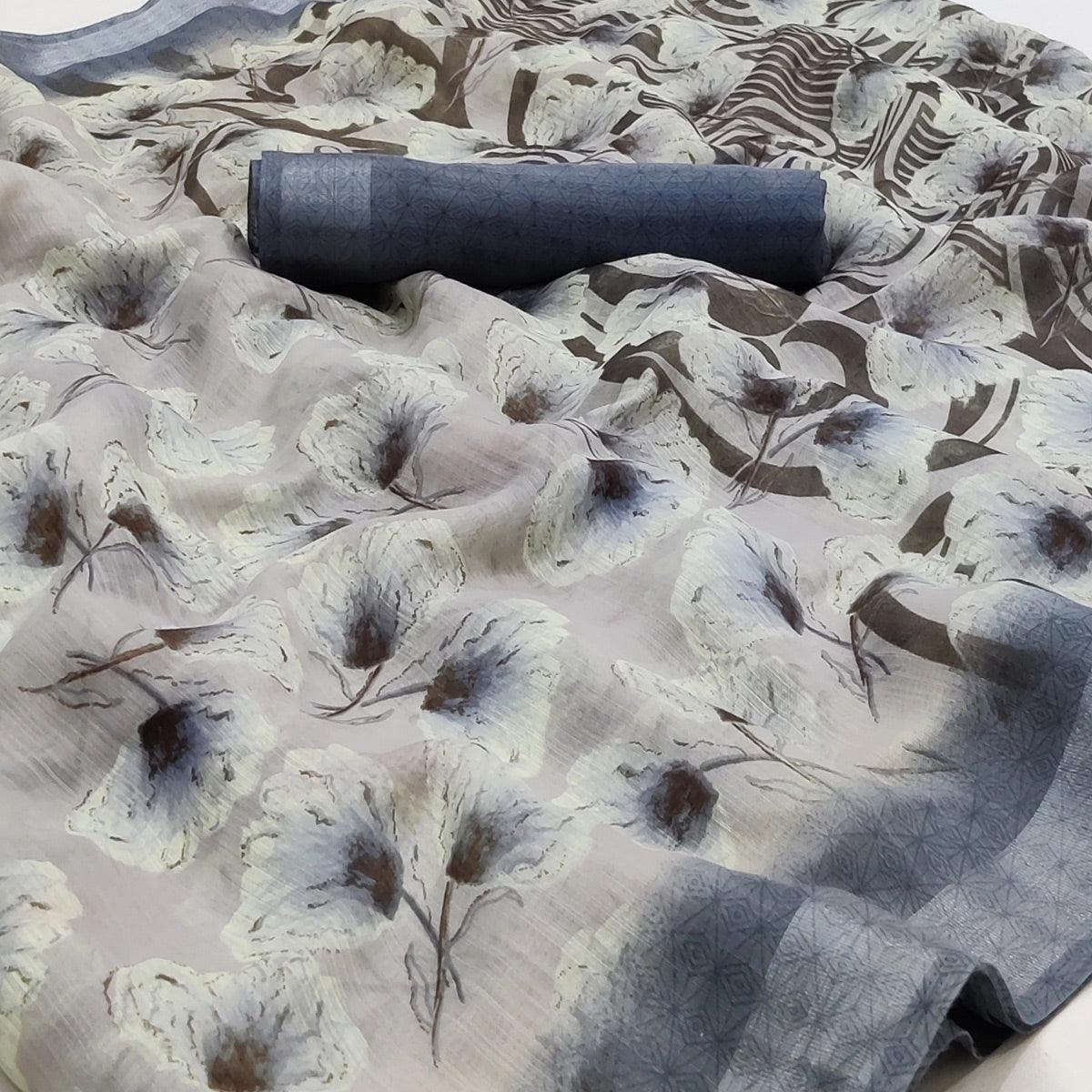 Grey Floral Printed Linen Saree - Peachmode