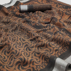 Grey Floral Printed Linen Saree - Peachmode